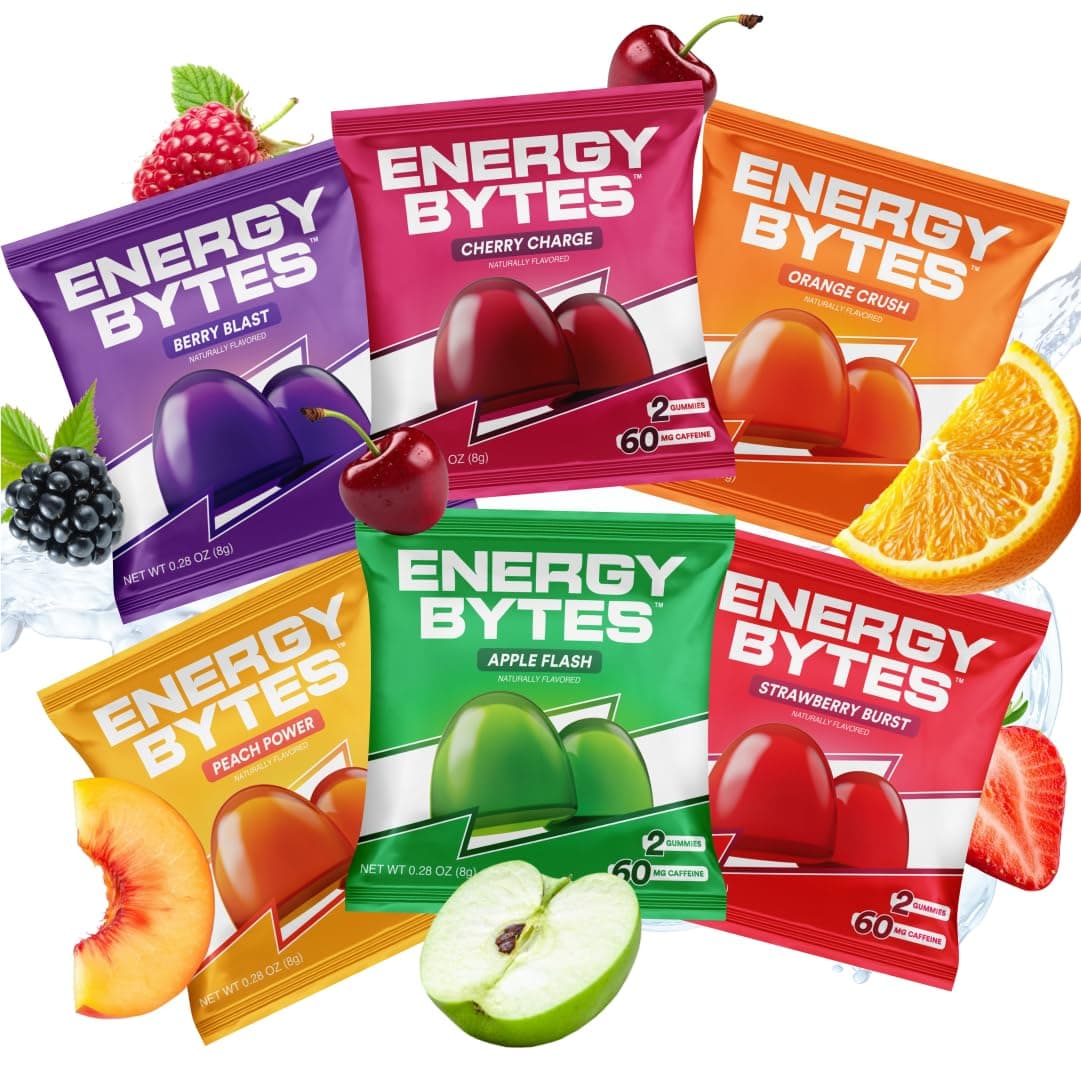 Energy Bytes Caffeine Energy Gummies - Fast, Delicious Boost for Focus & Productivity - Superior to Energy Drinks, Gels, Chews - Vegan, Low Sugar, with Vitamins A, D, B3, B6 & B12 – 12-Pack