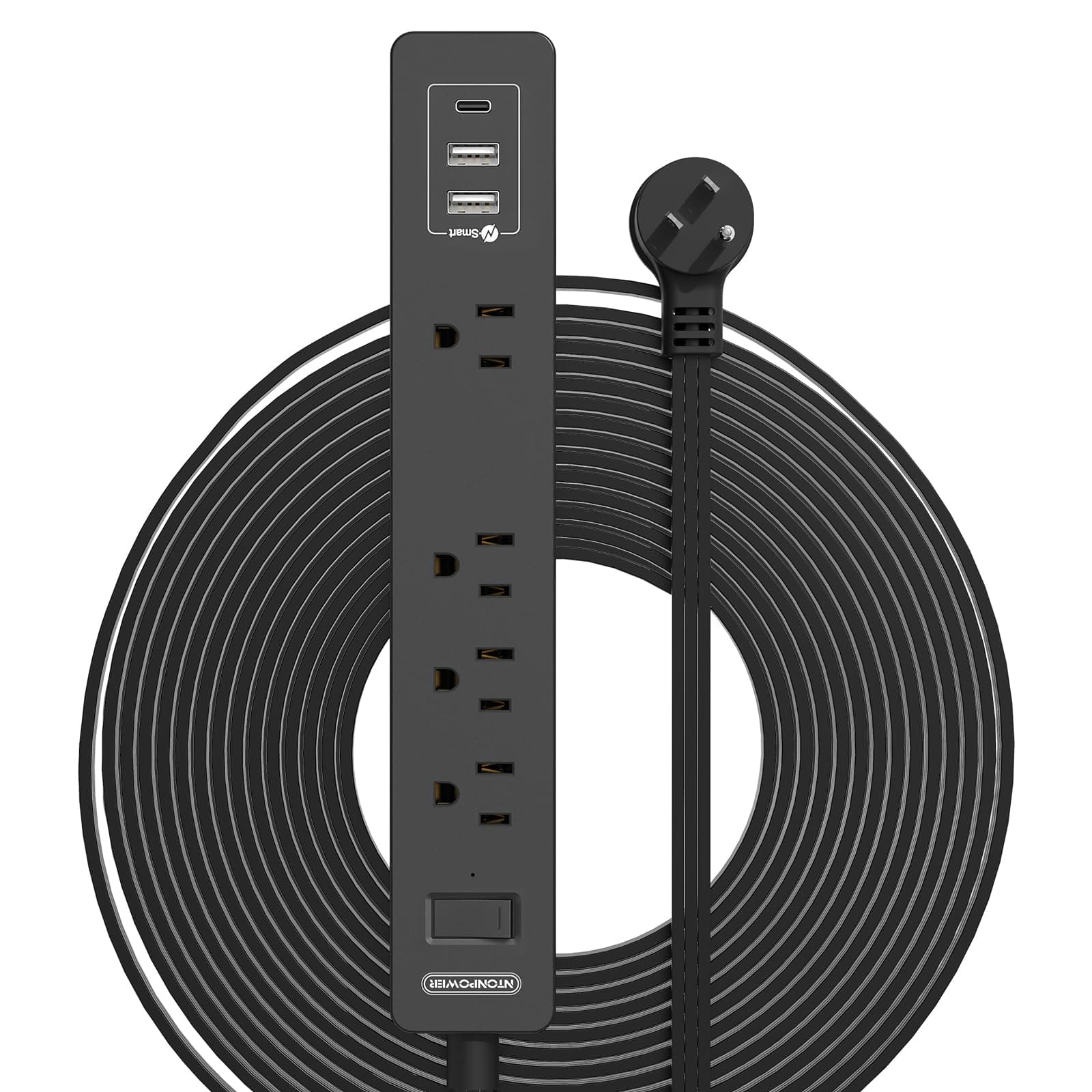 Long Extension Cord 15 Ft, NTONPOWER Ultra Thin Flat Extension Cord Under Carpet, Rug, Door, Wall Mount Power Strip Flat Plug with 4 Outlets 2 USB, Overload Protection for Indoor Home Office, Black