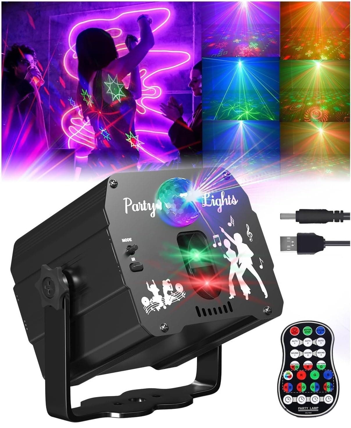 Bonlux DJ Disco Stage Party Lights, Sound Activated RGB Flash Strobe Light with Control for Karaoke Parties Indoor Projector Wedding Christmas, 90 Patterns Light Effects, USB Powered