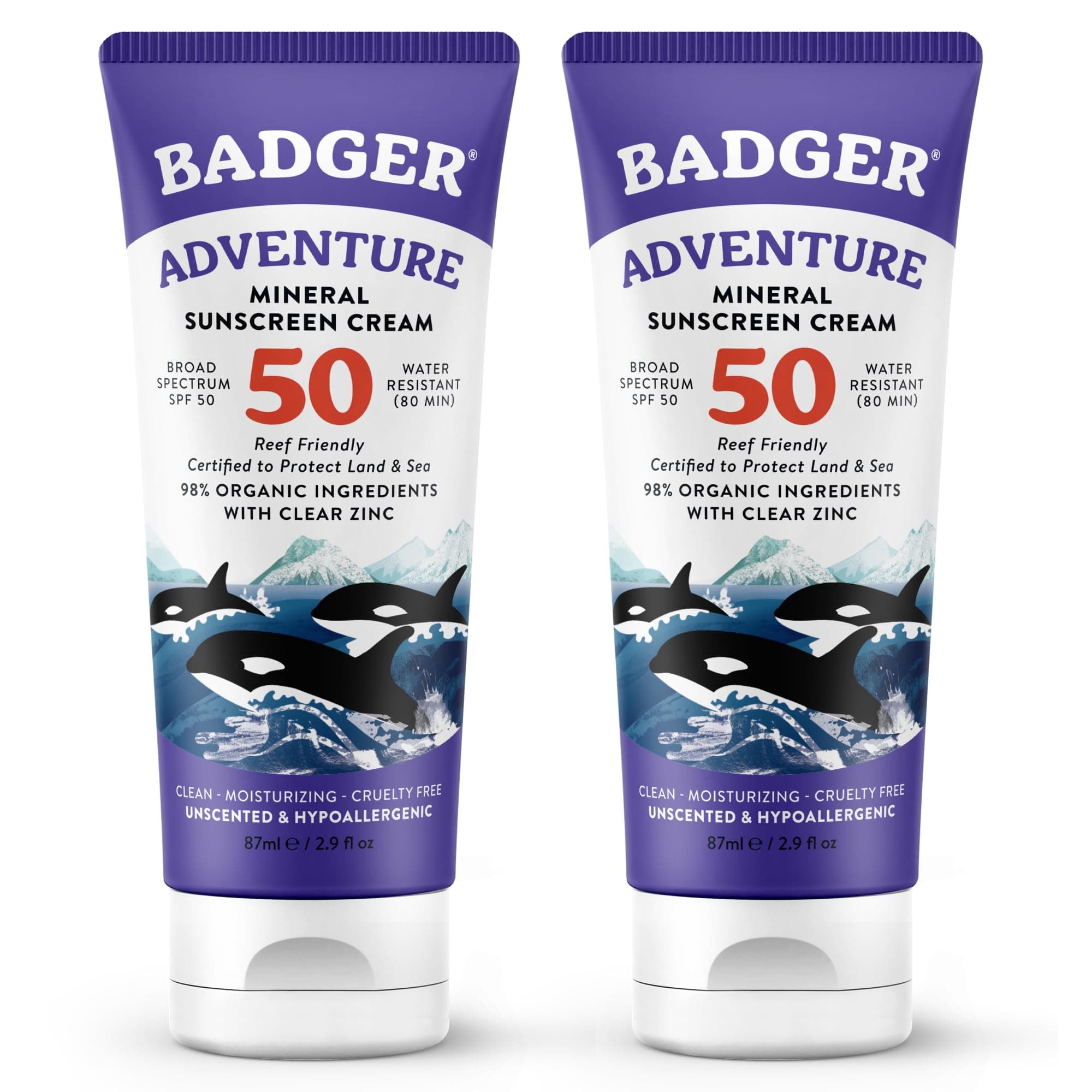 Badger Reef Safe Mineral Sunscreen, SPF 50, 98% Organic with Zinc Oxide, Non Toxic, Water Resistant, Unscented & Hypoallergenic, Broad - Spectrum, For Adventure & Sport, 2.9 fl oz (2 Pack)
