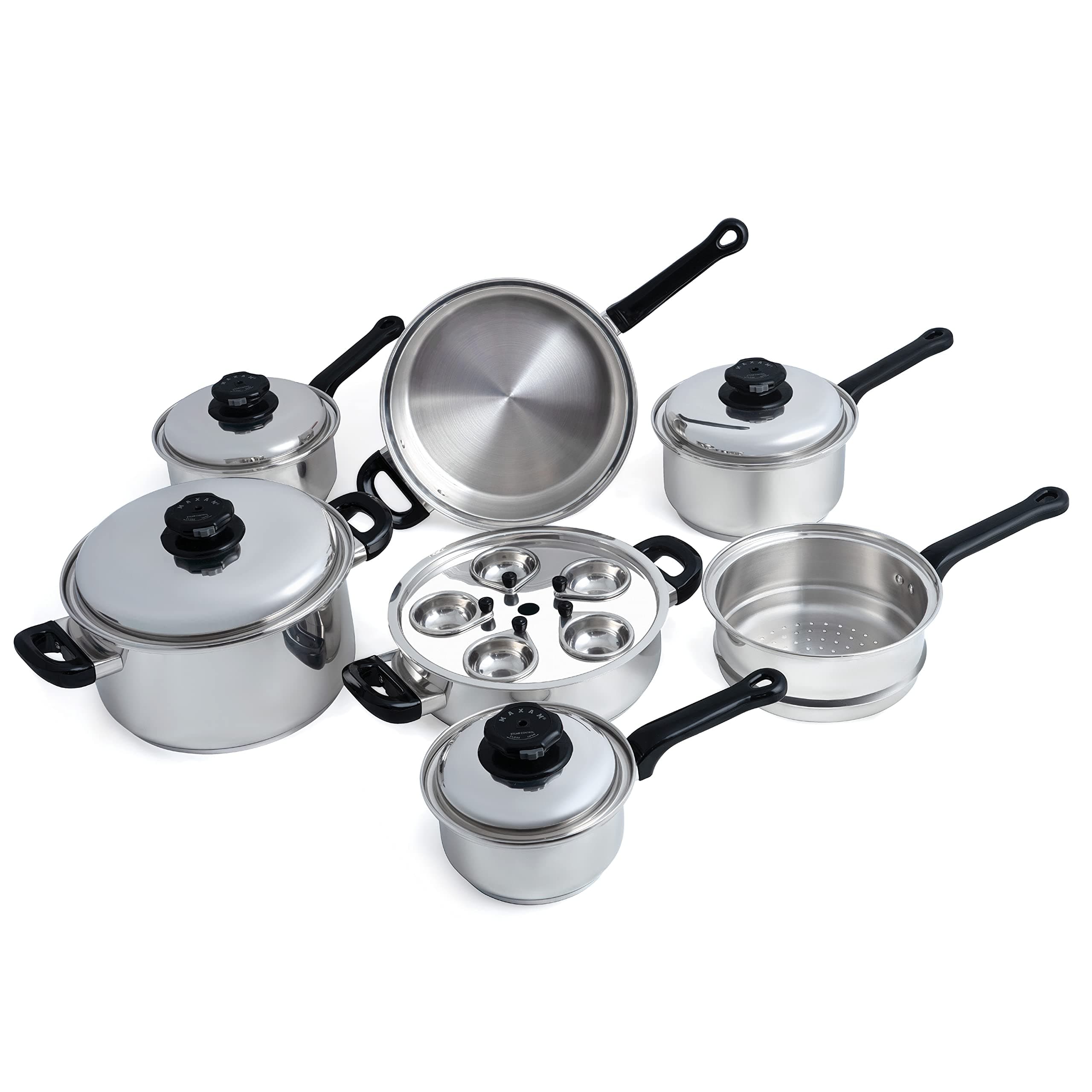 Maxam9-Element Waterless Cookware Set, Durable Stainless Steel Construction with Heat and Cold Resistant Handles, 17-Pieces