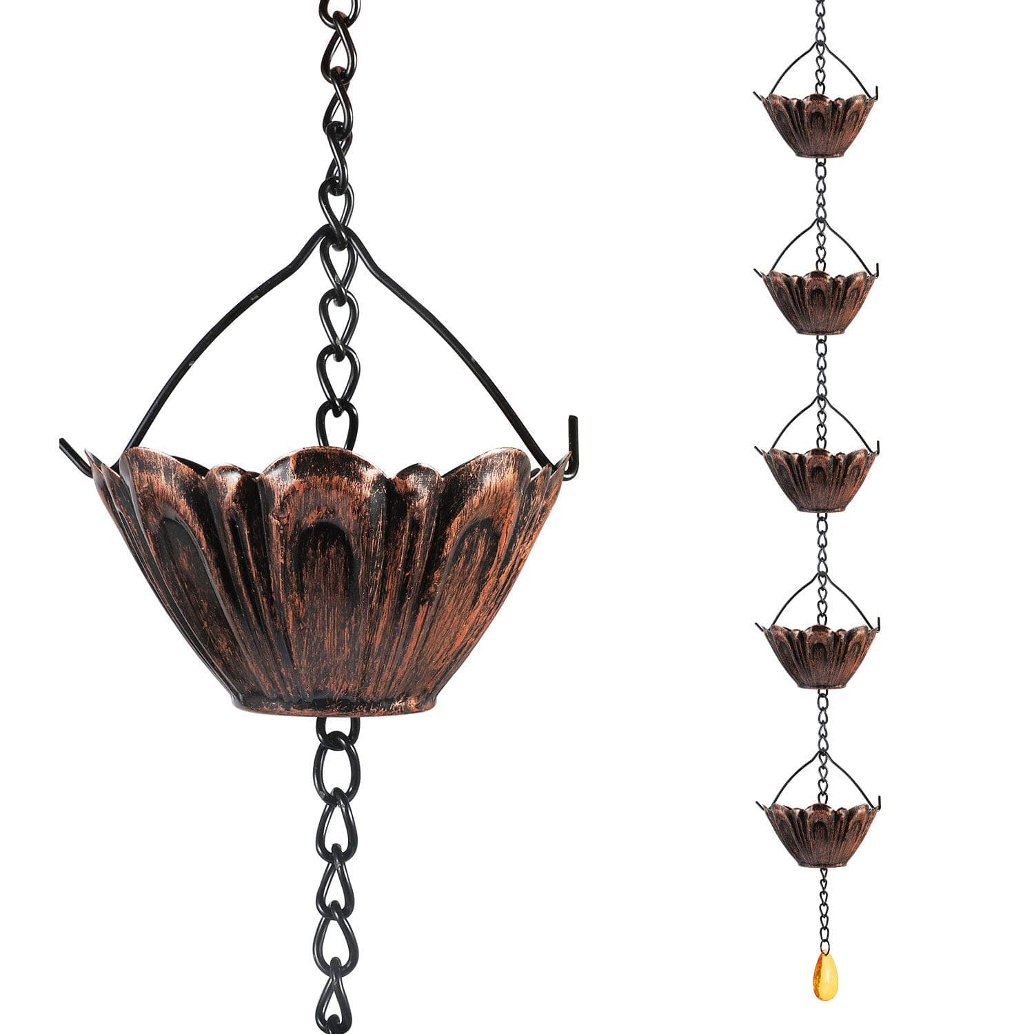 Vindar Rain Chain, 8.5 FT Rain Chain for Gutters - MG4591(Red Bronze Colored) Rain Catcher for Downspout with Adapter, 10 Thick Iron Flower Cups Garden Decorative