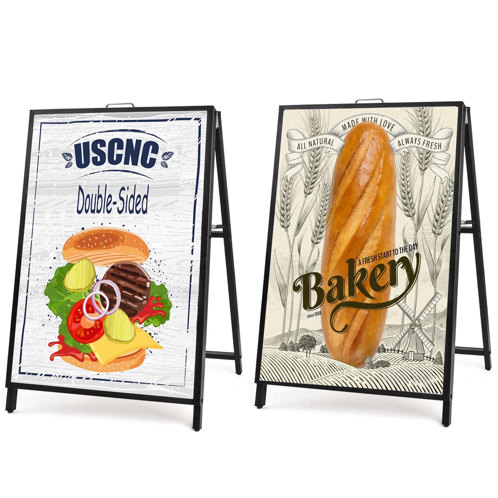 USCNC 2 Pack Heavy Duty A-Frame Sidewalk Sign 24 x 36 Inch, Portable Double-Sided Sandwich Board Slide-in Folding Metal Signboard (Frame only,No white board)