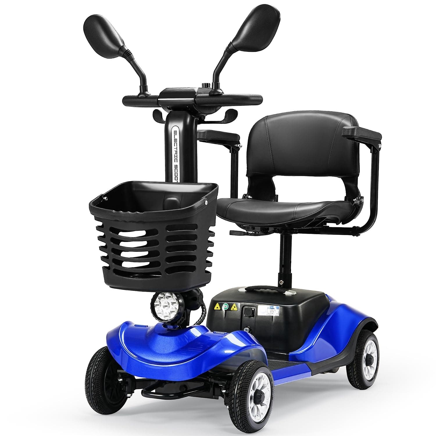 4 Wheel Compact Heavy Mobility with Lights, Battery Powered Electric Mobility Scooter, Electric Transportation Wheelchair, Basket, Extended Battery (Blue, 4 Wheel - Compact and Exquisite)