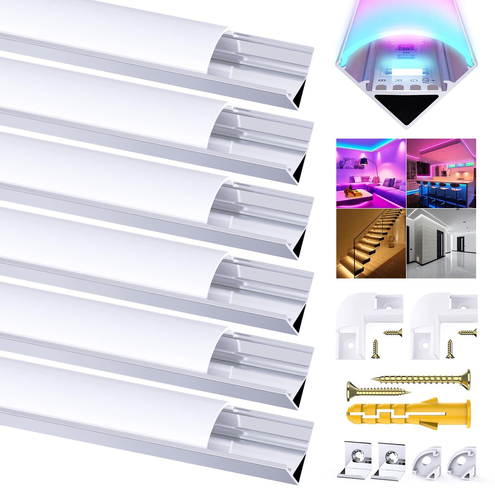 6 Pack V Shape Led Aluminum Channel for LED Strips, 1Meter/3.3ft Aluminum Profile with Milky White Cover, Led Track Diffusers with End Caps, Mounting Clips and 90 Degree Corner Connector