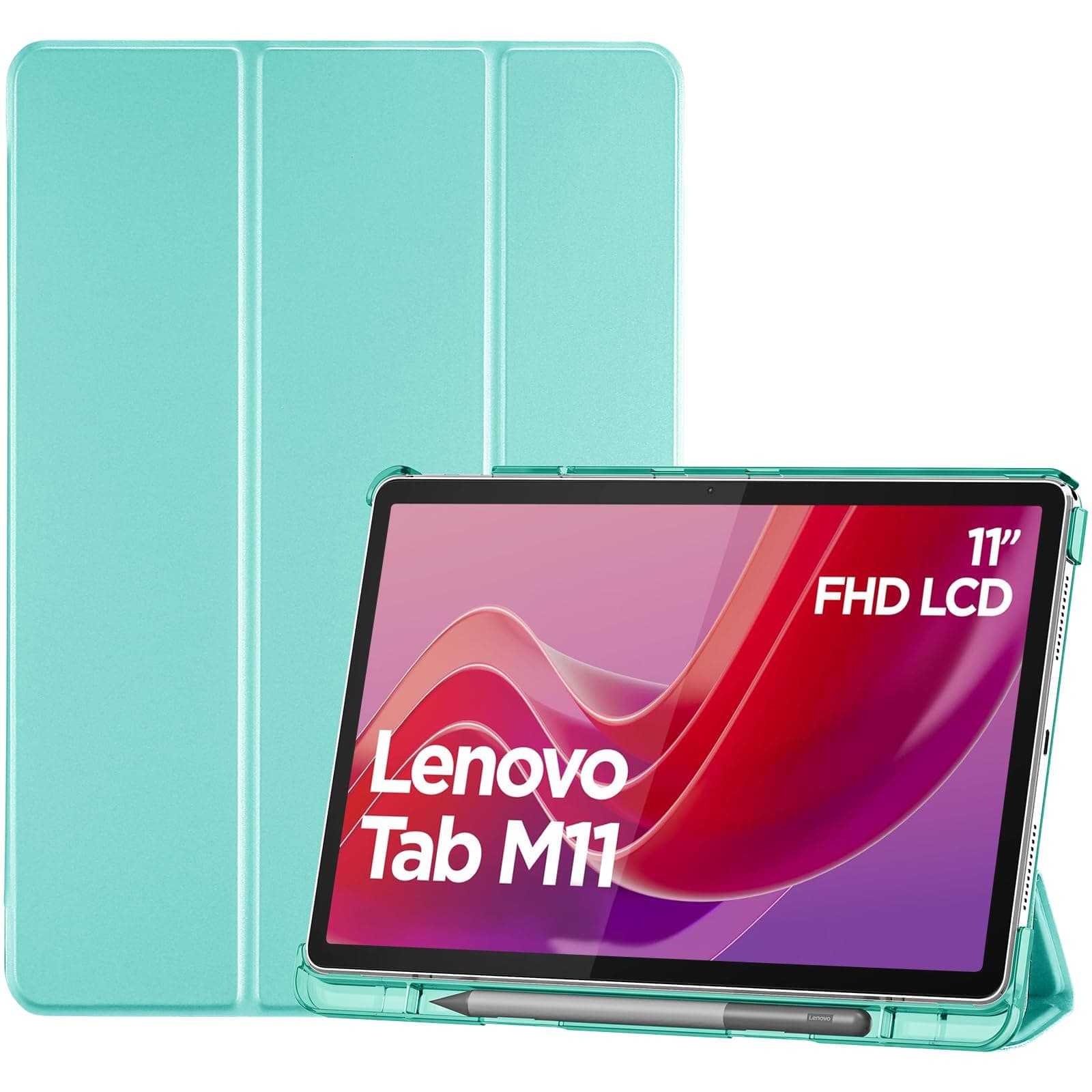 Smart Case for Lenovo Tab M11/Tab K11 LTE 11" 2024 TB330FU with Pen Holder, Slim Stand Tri-Fold Hard Shell Protective Tablet Cover Translucent Back Case Support Auto Wake/Sleep -Mintgreen