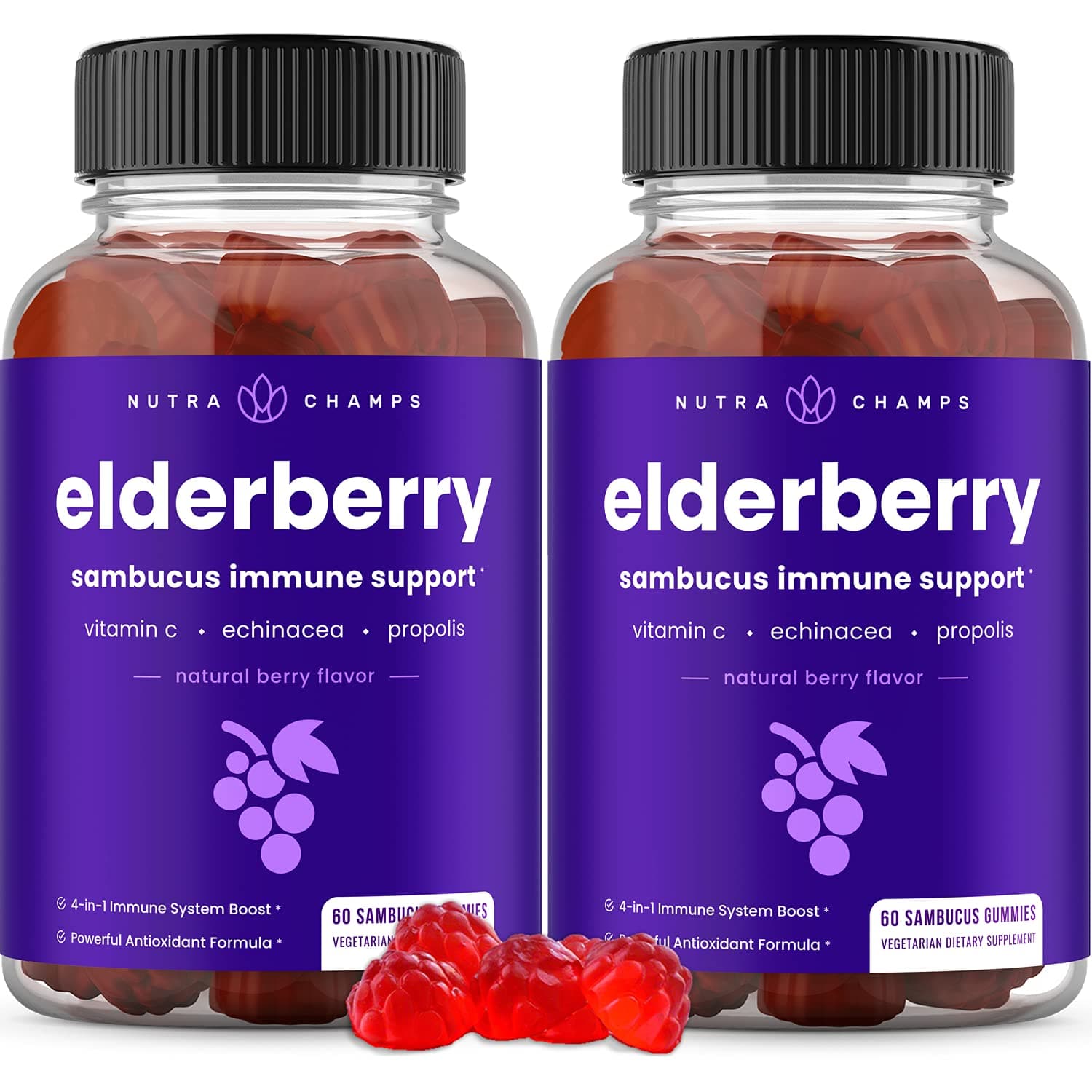 NutraChamps (2 Pack) Elderberry Gummies with Vitamin C, Propolis & Echinacea - Immune System Support Gummy Vitamins for Adults & Kids - Max Strength 200mg Sambucus Antioxidant