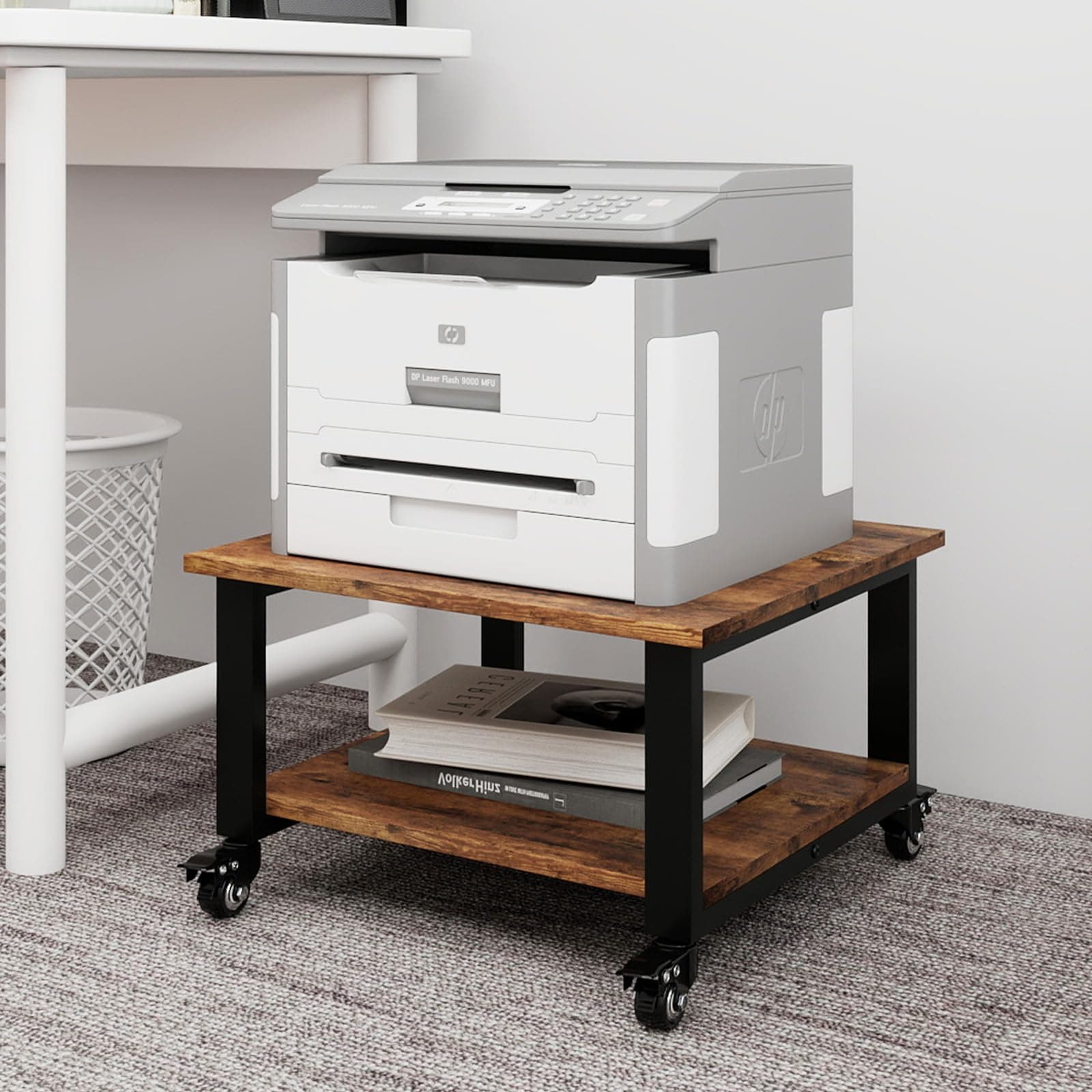 Natwind 2 Tier Laser Printer Stand,19.7''x19.7''x12.6'' Large Printer Table Copier Stand Under Desk,Heavy Duty Rolling Cart with Paper Storage Shelf,Printer Holder on Wheels for Home Office (Retro)