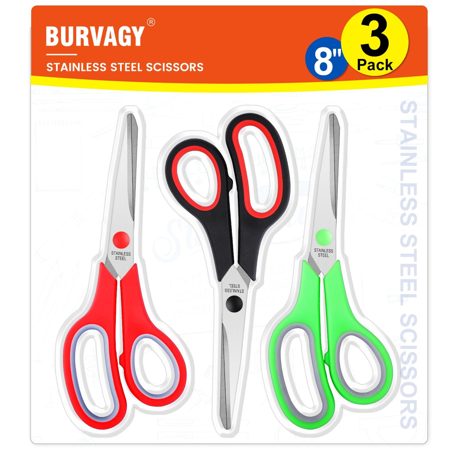 3-Pack 8" All Purpose Heavy Duty Scissors with Ultra Sharp Blades Ergonomic Comfort Grip Handles - for Office, Home, School, Sewing, and Crafts Left Handed scissors
