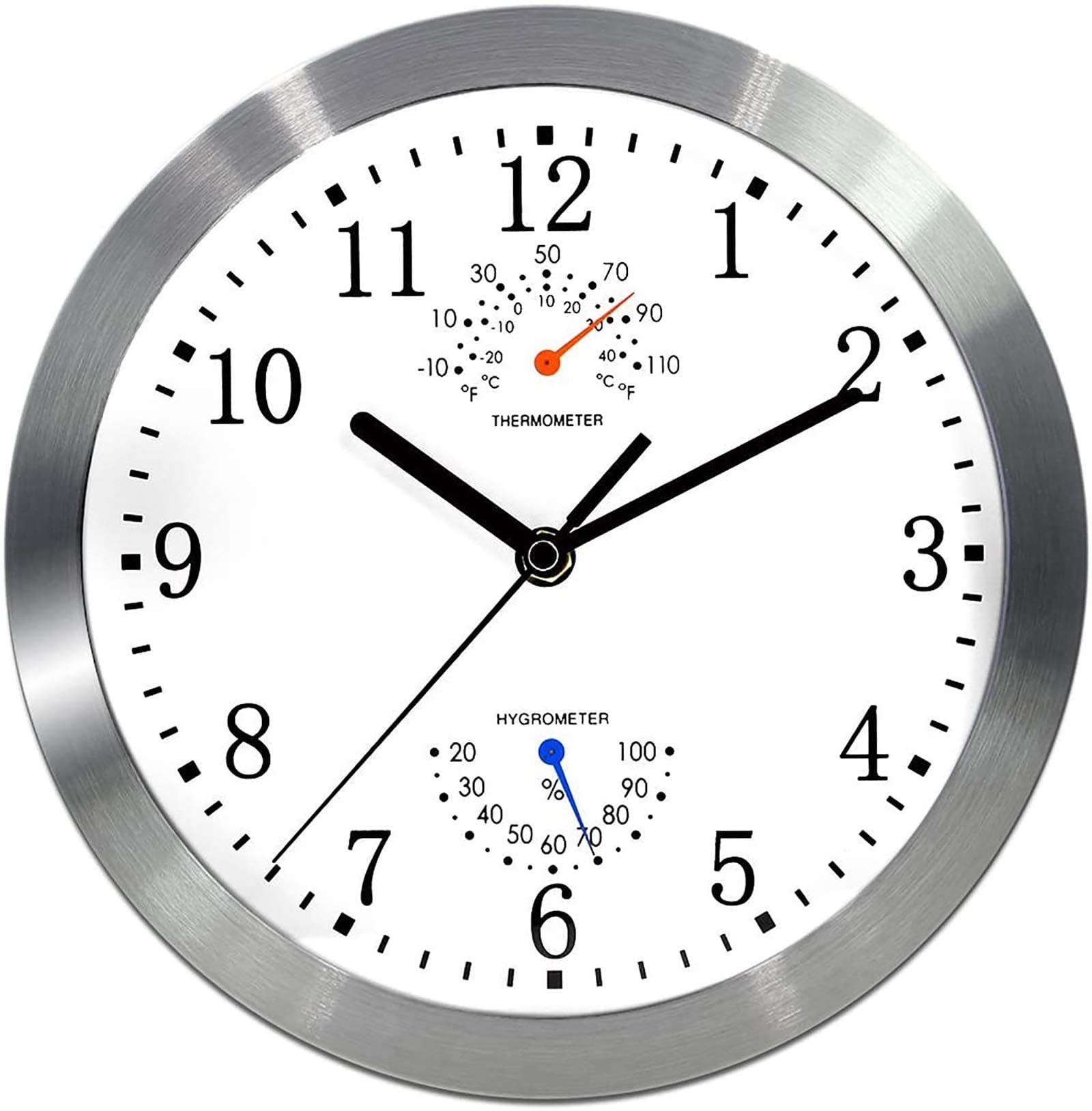 Magho Battery Operated Silent Non-ticking Indoor Wall Clock with Temperature & Humidity ,Glass Cover,Silver Color(Aluminum Metal Frame, 10')