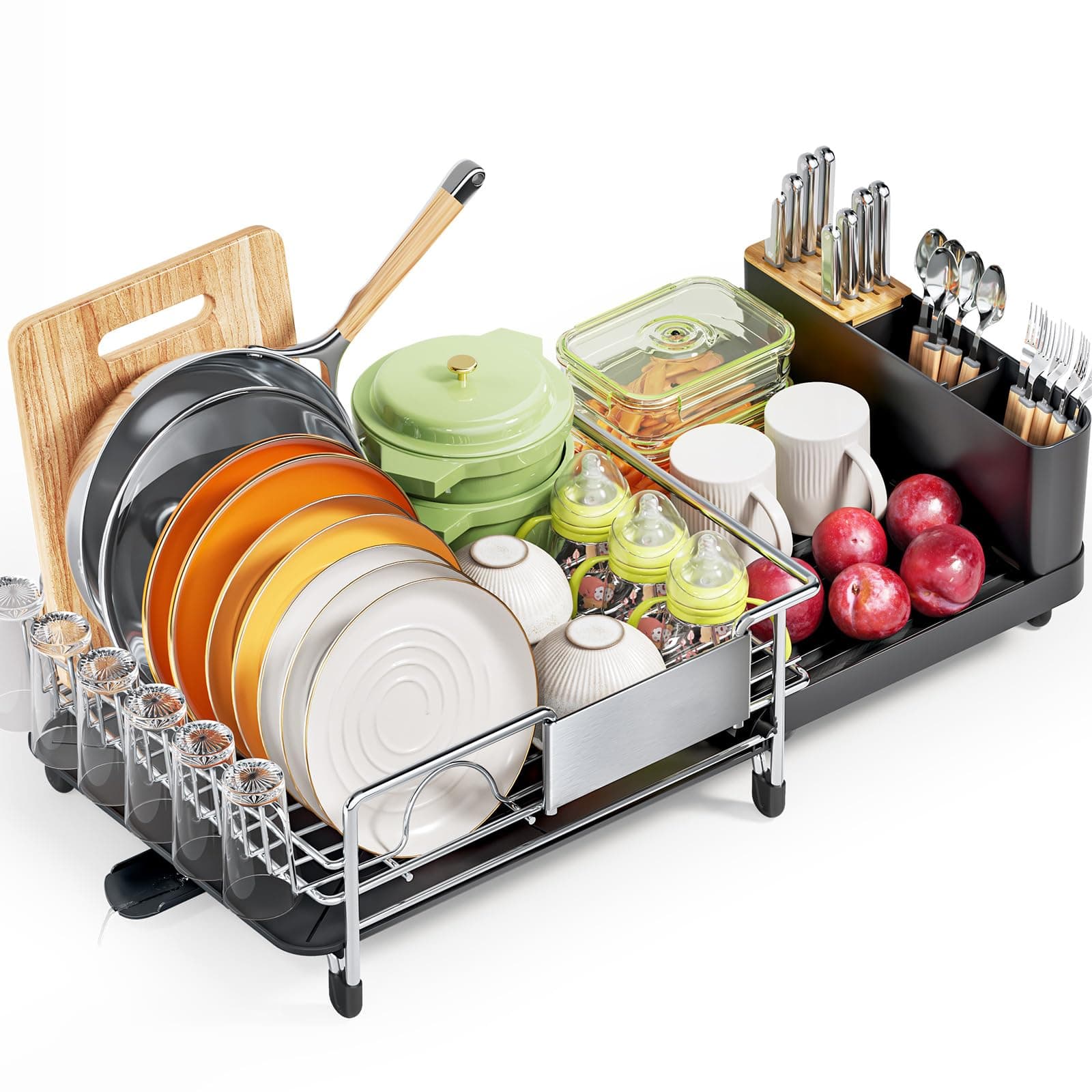 Dish Drainer Rack, Stainless Steel Dish Drying Rack, Expandable Kitchen Dish Rack, Large Capacity Draining Board Rack with 360 Swivel Spout, Black