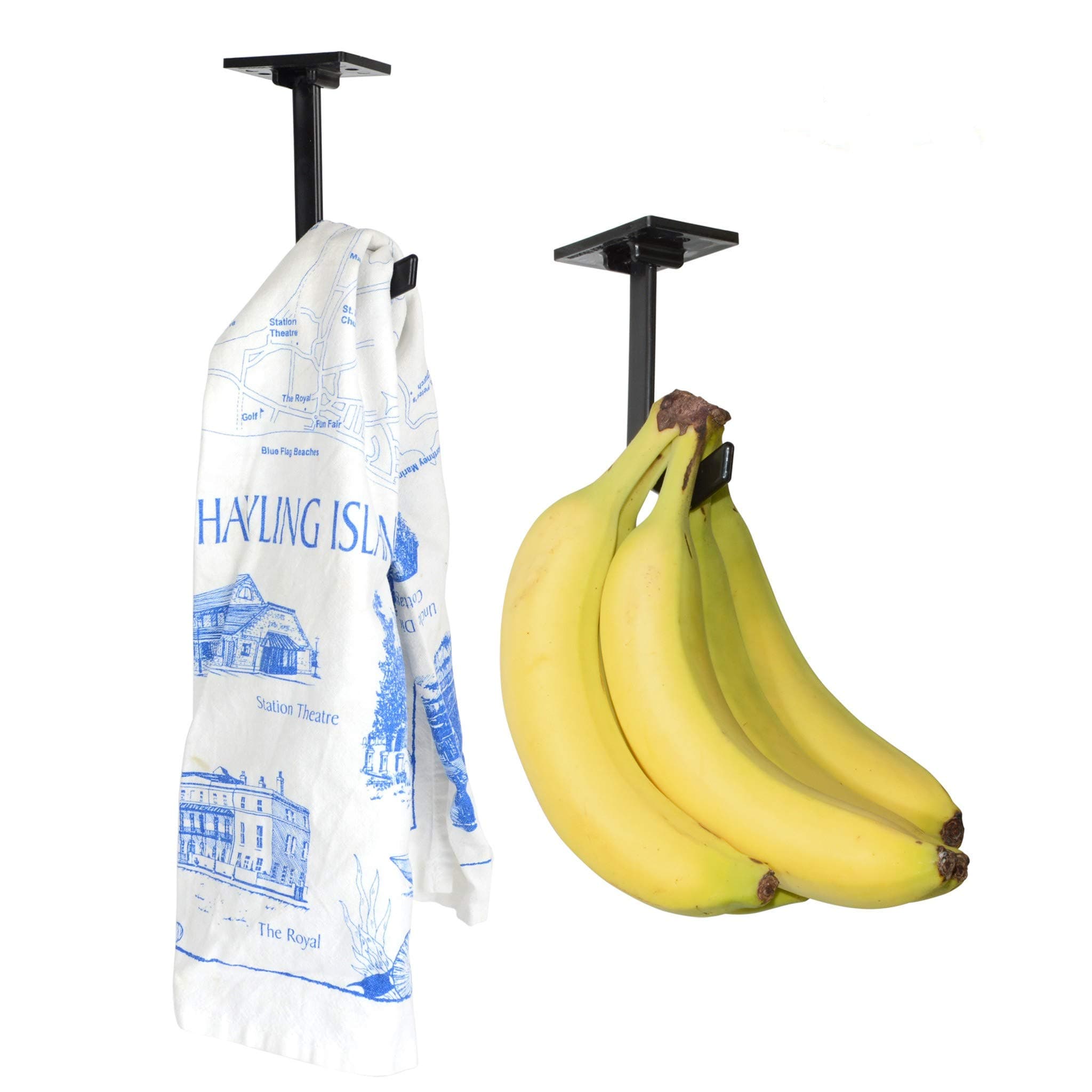 Banana Hanger (2 Pack) Under Cabinet Hook for Kitchen Items. Folds-up. Self-adhesive & Pre-drilled Holes (Screws Provided). Keep Items Fresh. (Black)