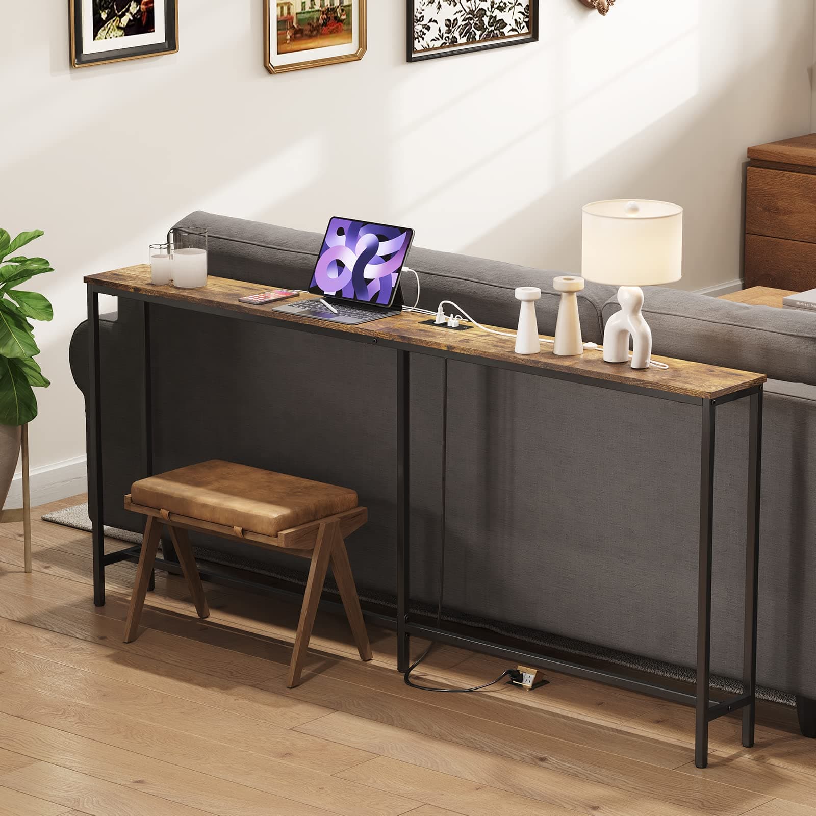 Console Table, Narrow Sofa Table, Entrance Table with Power Station, Behind Couch Table, Industrial Style, for Living Room, Hallway, Entryway