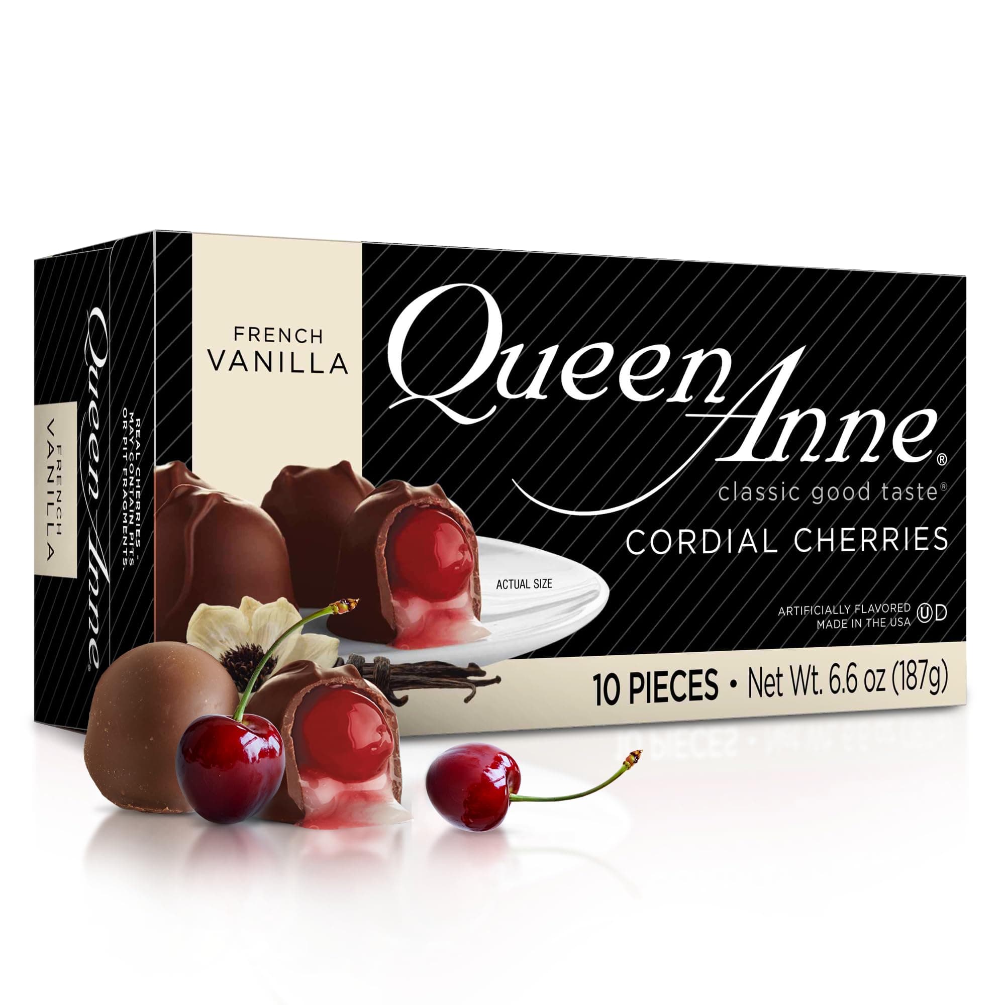 Queen Anne French Vanilla Chocolate Covered Cordial Cherries | 6.6 oz | 10 Piece Gift Boxes | Whole Maraschino Cherry Creamy Filled Liquid Center | Holiday Party Chocolate Candy