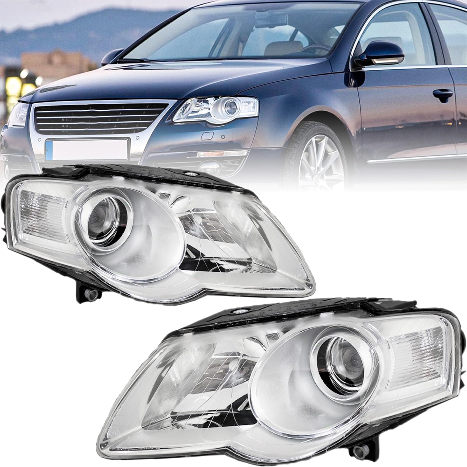 TUSDAR Headlight Assembly Compatible with 2006 2007 2008 2009 2010 VW Passat B6 Halogen Headlamp Chrome Housing Clear Reflector Driver and Passenger Side Headlights