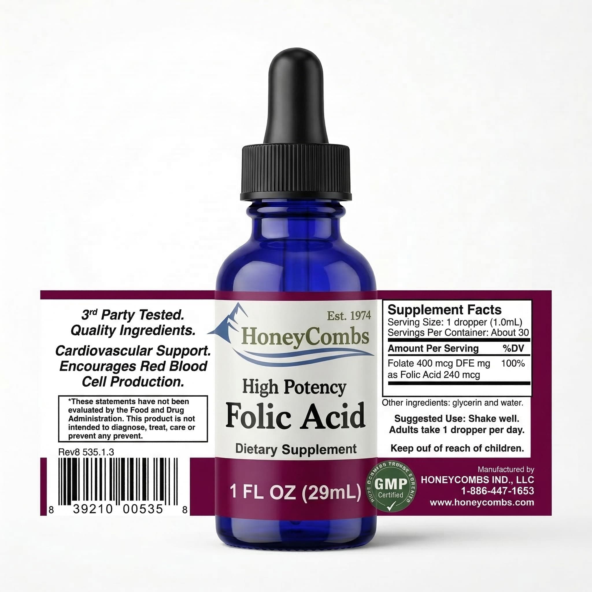 HoneyCombs Vitamin B9 Liquid Drops - High Potency Liquid Vitamin B9 Folic Acid Supplement for Women - Maintain Healthy Liver, Pregnancy, & Overall Health - Cold Pressed Vegan Vitamins Drops (1 Fl oz)