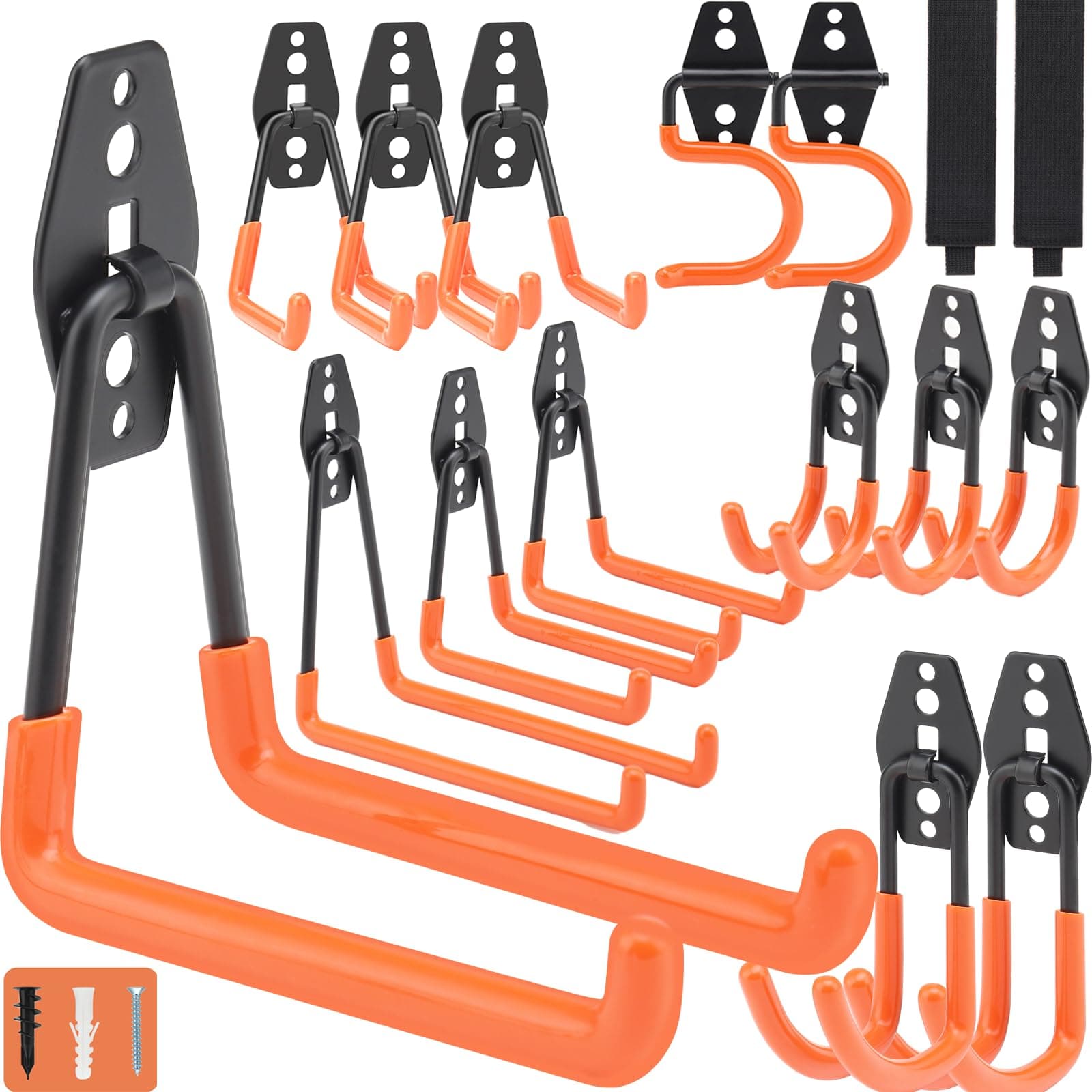 14 Pack Heavy Duty Garage Hooks with 2 Extension Straps, Triple Welded Wall Mount Utility Hangers, 100 Lbs Capacity Steel Tool Organizer for Garage Makeover, Garden, Shed, Hose