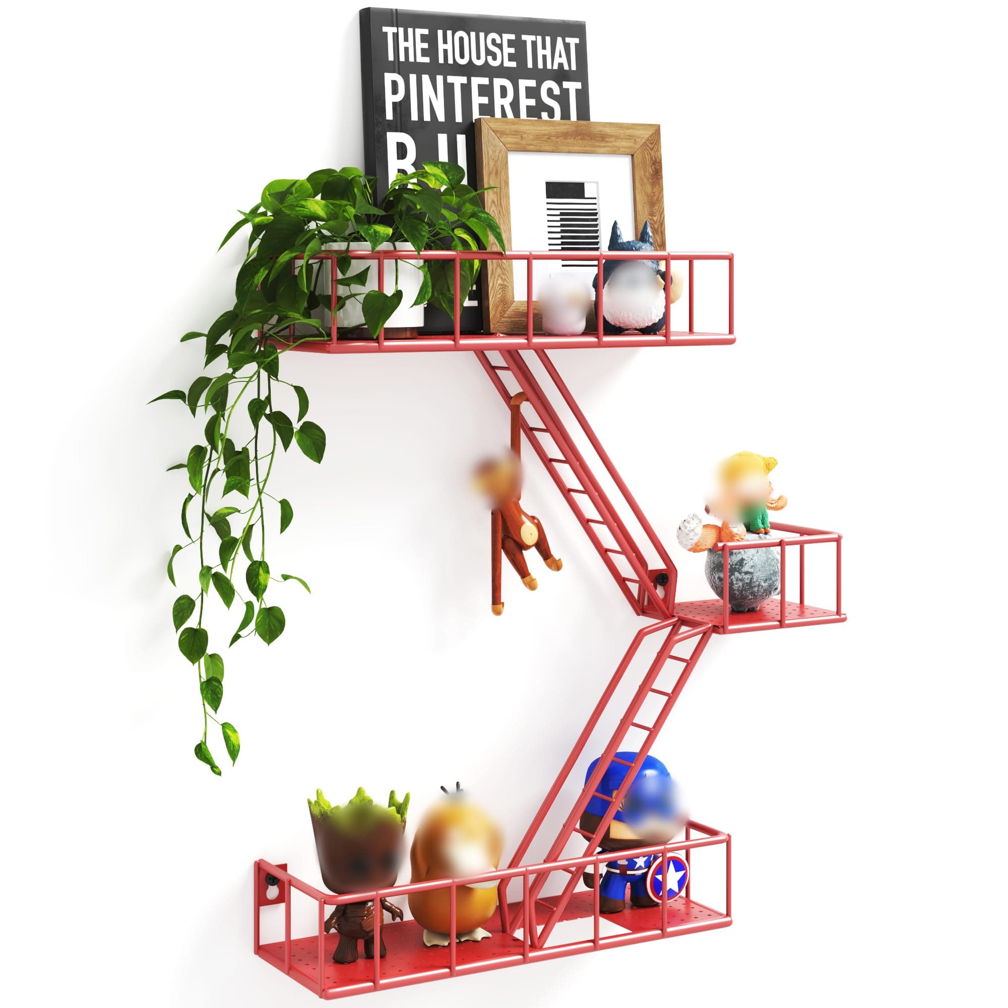Fire Escape Wall Shelf with Baskets, 3-Tier Metal Fire Escape Ladder Shelf Wall Organizer, New York Inspired Decorative Shelf, Red Floating Action Figurine Display Shelves for Bedroom, Home Décor.