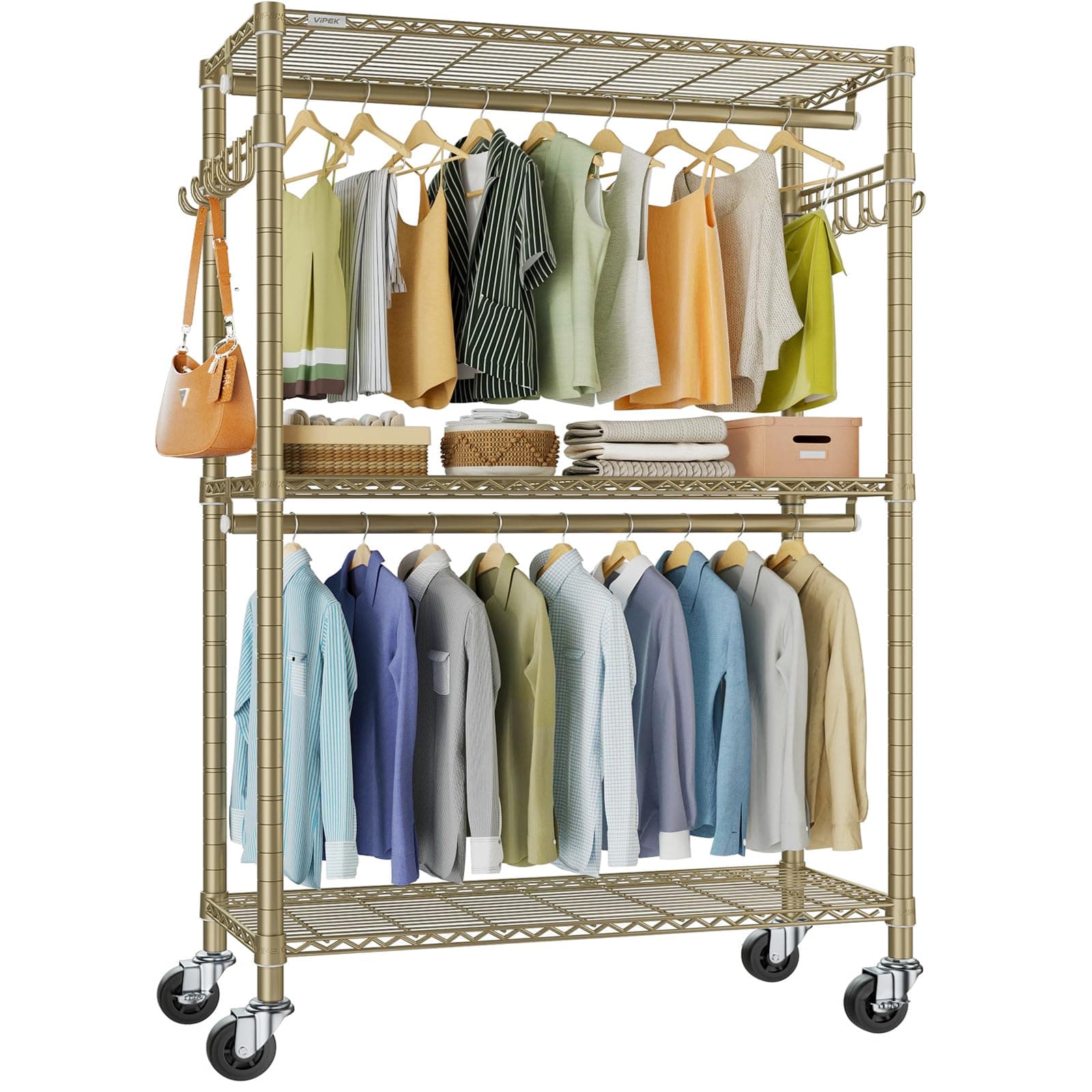 R2 Plus Rolling Clothes Rack for Hanging Clothes Heavy Duty Garment Rack 3 Tiers Adjustable Wire Shelving Clothing Racks with Double Hanging Rods, Closet Organizers and Storage, Gold