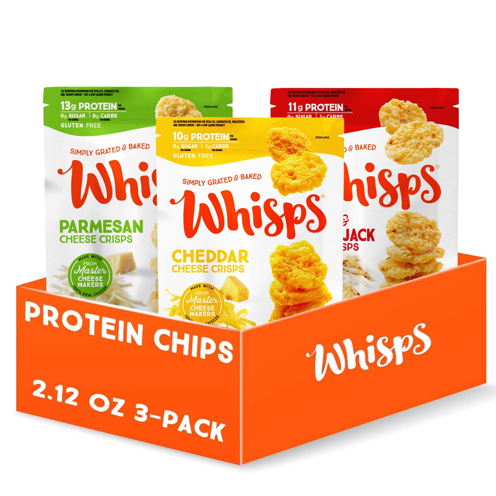 Whisps Cheese Crisps Variety Pack | Protein Chips | Healthy Snacks | Protein Snacks, Gluten Free, High Protein, Low Carb Keto Food | Parmesan, Asiago, Cheddar Cheese (2.12 Oz, 3 Pack)