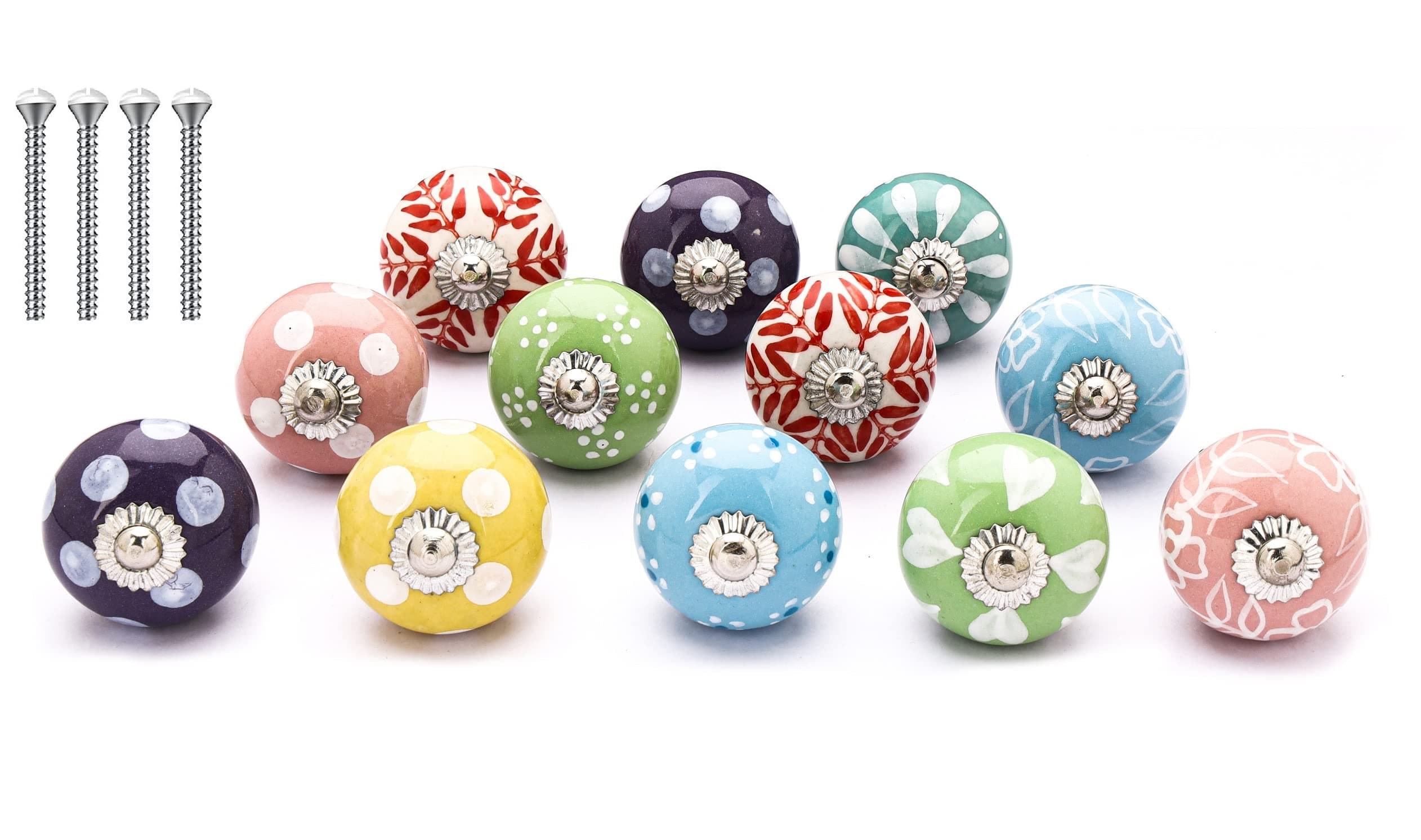 NAQSH Ceramic Hand-Painted Knobs Set of 12 ( Pastel Multi Color)