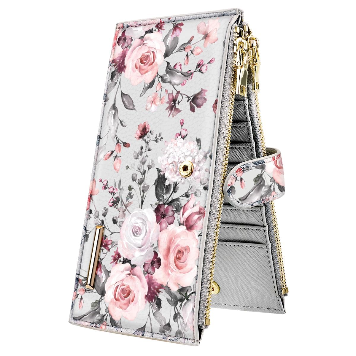 Womens RFID Blocking Multi Card Organizer Bifold Wallet with Zipper Pocket,Grey Flowers