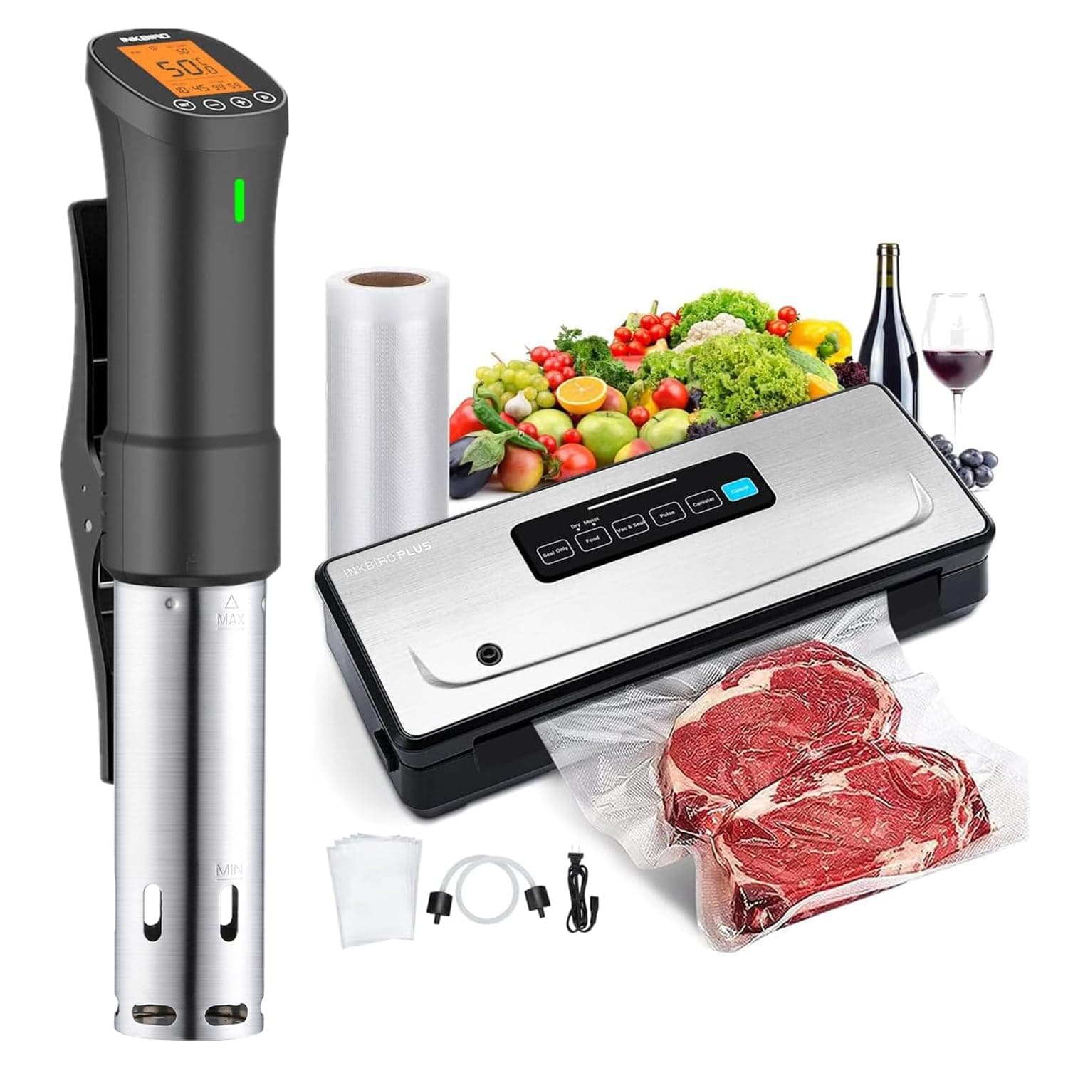 Sous Vide Combo Kit Includes Smart WIFI Immersion Circulator with Timer & Recipes and Dry/Wet Vacuum Sealer Machine with 85kPa Suction Power for Precision Culinary Home Food Water Bath Cooking