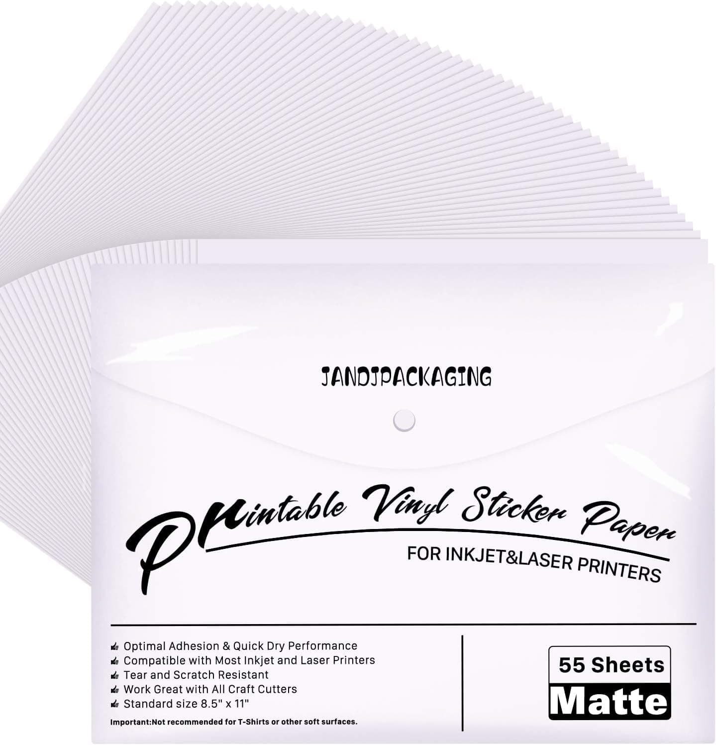 JANDJPACKAGING Printable Vinyl for Inkjet Printer - 55 Pack Matte White Printable Vinyl Sticker Paper Dries Quickly Vivid Colors, Holds Ink Well, Tear Resistant, Inkjet & Laser Printer