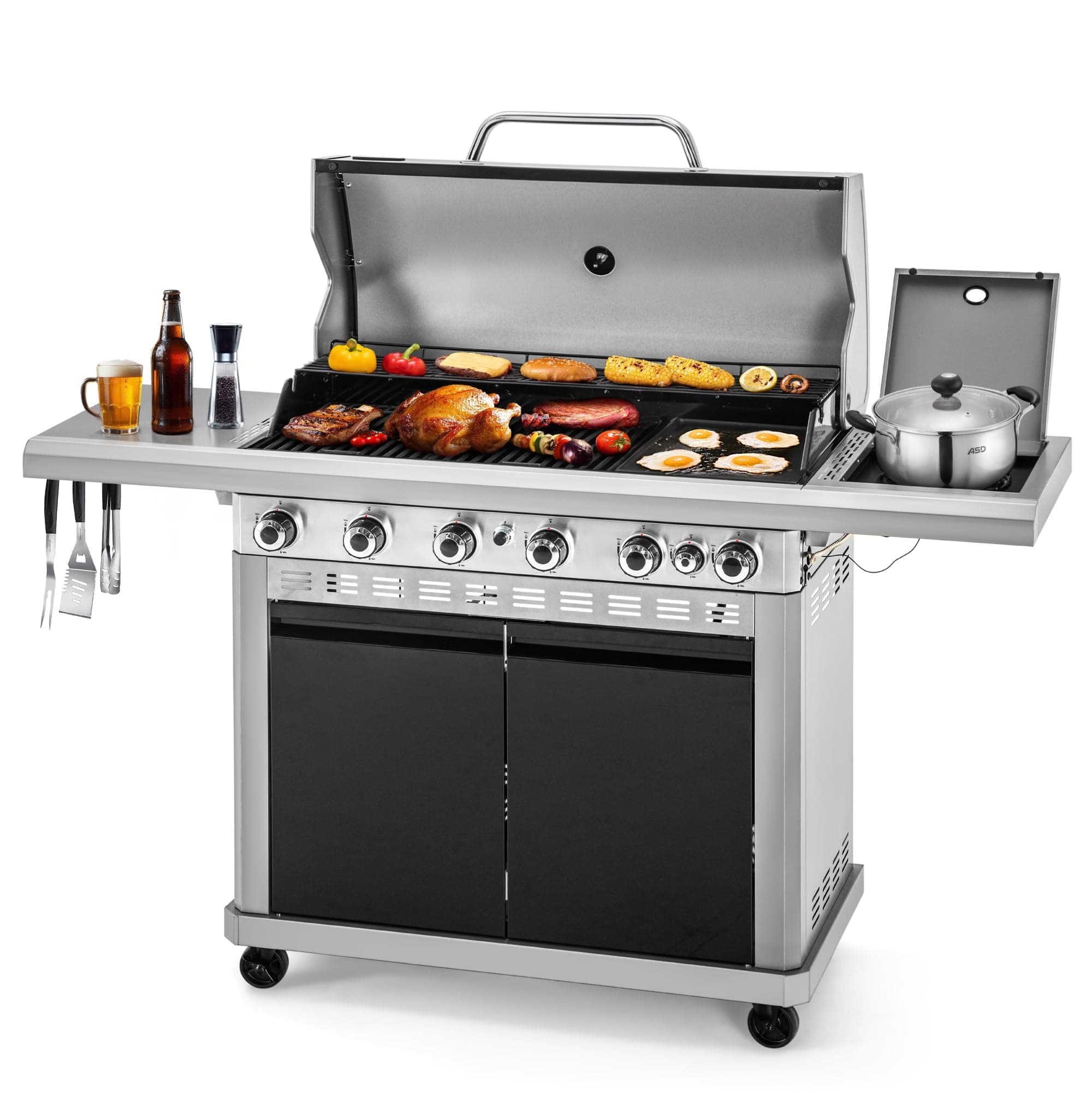 6 Burner BBQ Propane Gas Grill with Side Burner & Porcelain-Enameled Cast Iron Grates, Grill Griddle Combo for Outdoor Barbecue, 740 SQ.IN. Large Cooking Area