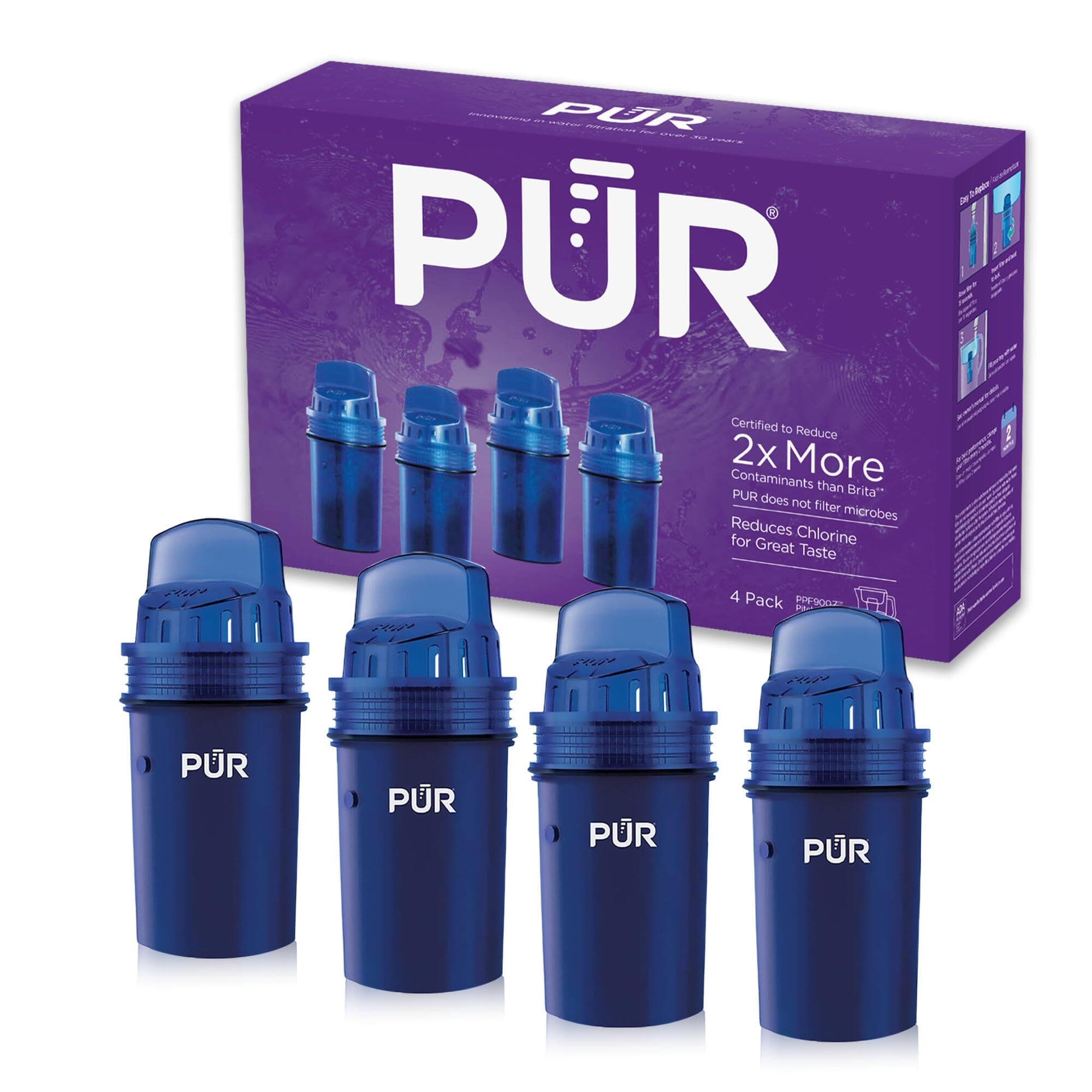 PUR Water Pitcher Replacement Filter (Pack of 4), Blue – Compatible with all PUR Pitcher and Dispenser Filtration Systems, PPF900Z