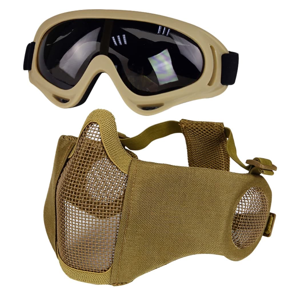 Airsoft Half Face Mask with Goggles& Patch Hat Set, Tactical Masks Full Face Ear Protective Baseball Cap for CS Halloween and Game