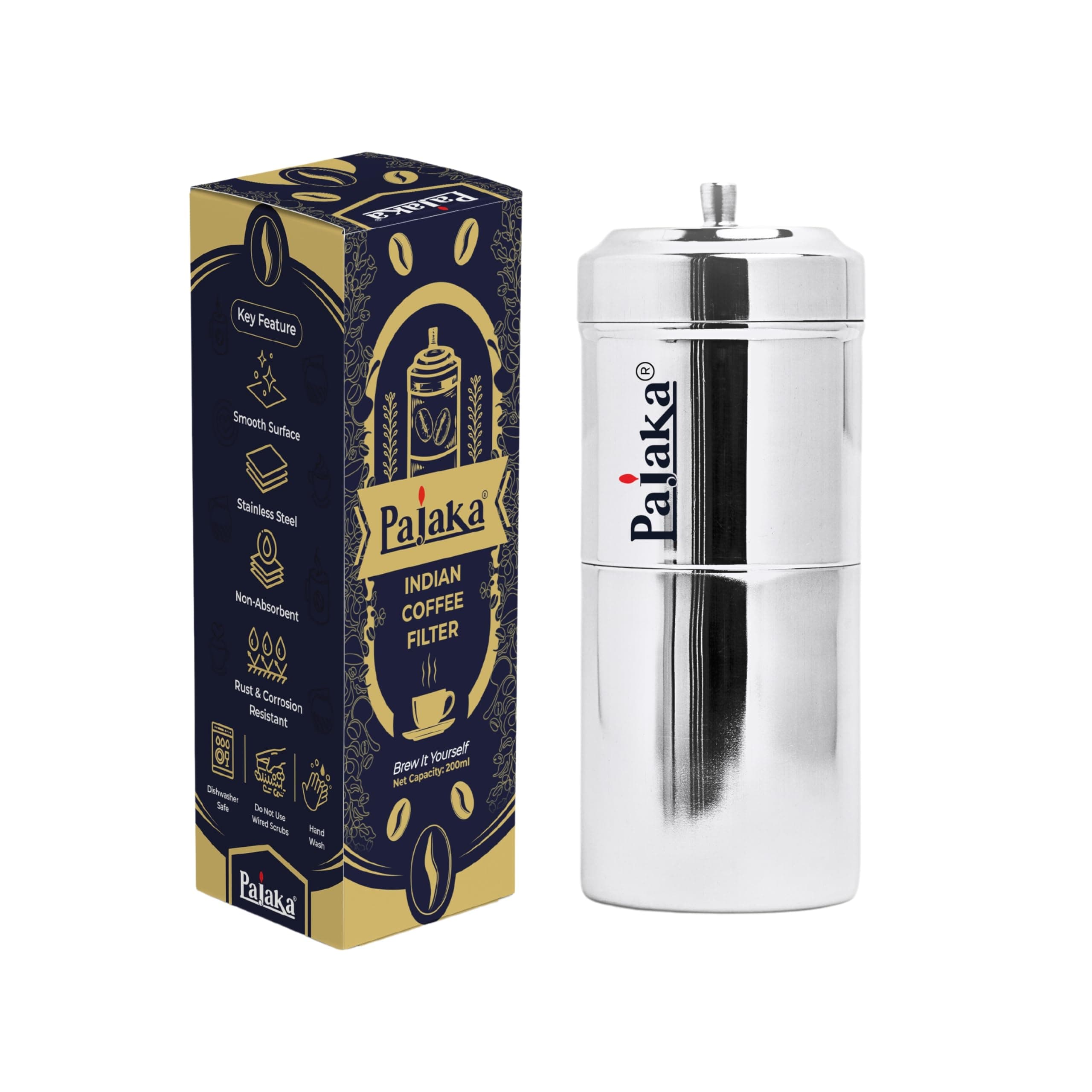 PAJAKA South Indian Filter Coffee Maker 2-4 Cup Mug Madras Kaapi Kappi Drip Decoction Maker Brewer Dripper Stainless Steel Medium Size (200 ML) | Pour Over Coffee Makers for Home & Kitchen