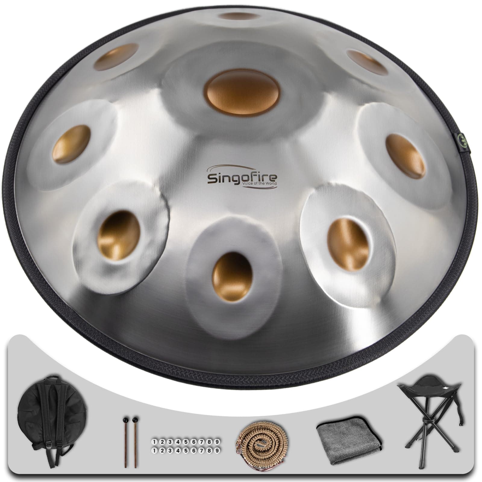 "SINGOFIRE" 9-Notes Handpan Drum, Handpan Drums for Adults, 22-Inch 440Hz D Minor Kurd, HandPan Instrument with Soft Handpan Bag, 2 Mallets, Handpan Stand and Dust-Free Cloth(Gold Eye)