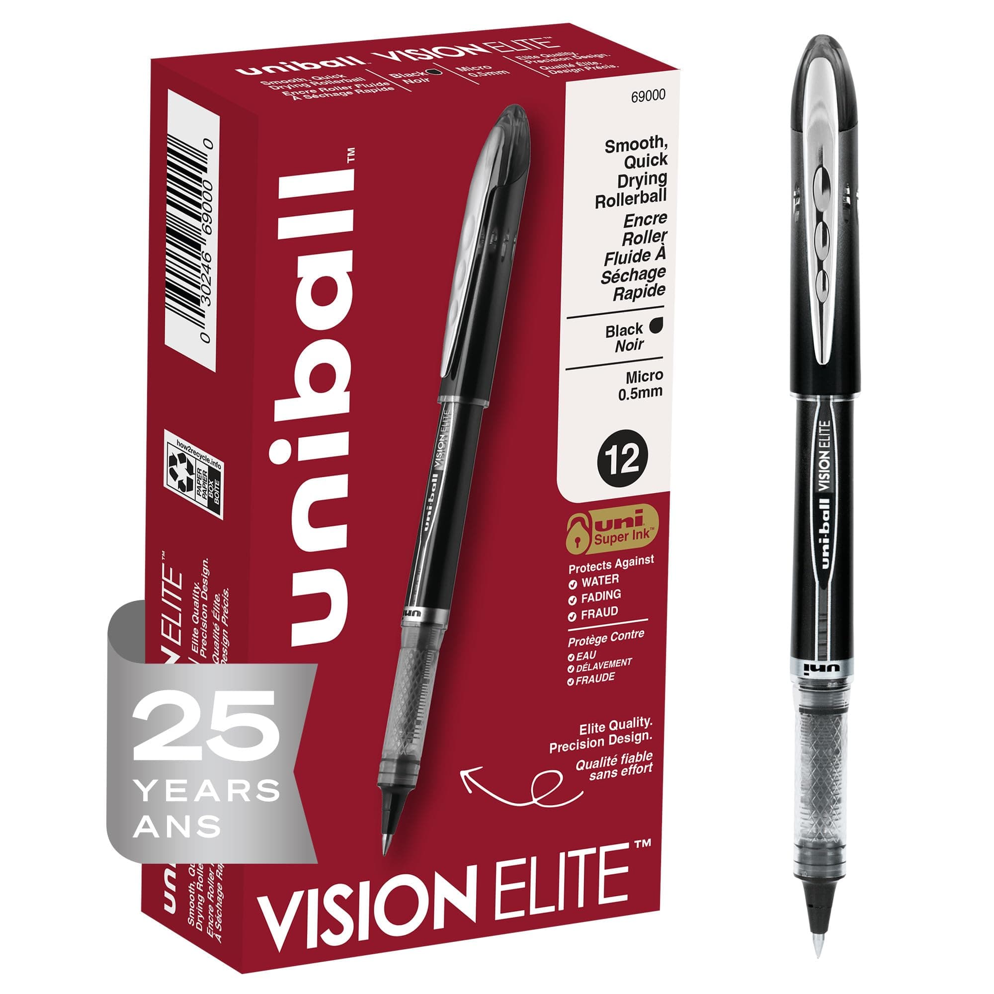 Vision Elite Rollerball Pens Fine Point Micro Tip, 0.5mm, Black, 12 Pack