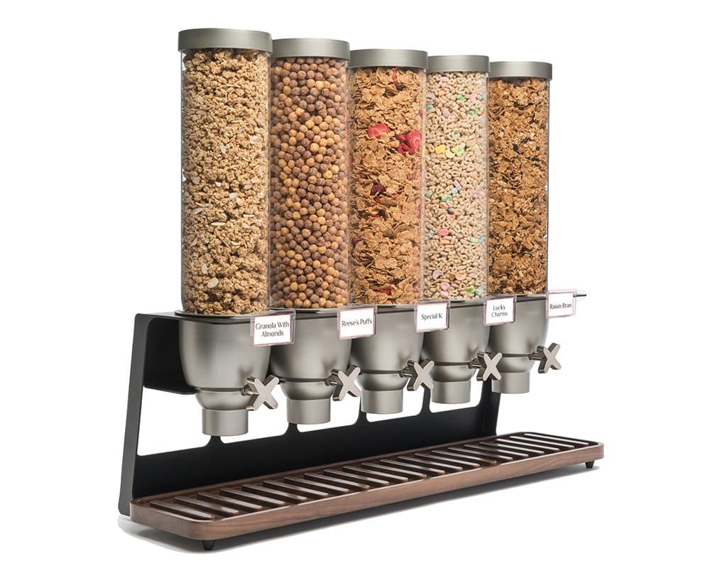 Rosseto EZ522 EZ-SERV 5 Container Table-Top Cereal Dispenser with Walnut Tray, 6.5-Gallon Capacity, 9" Length x 32.6" Width x 26" Height