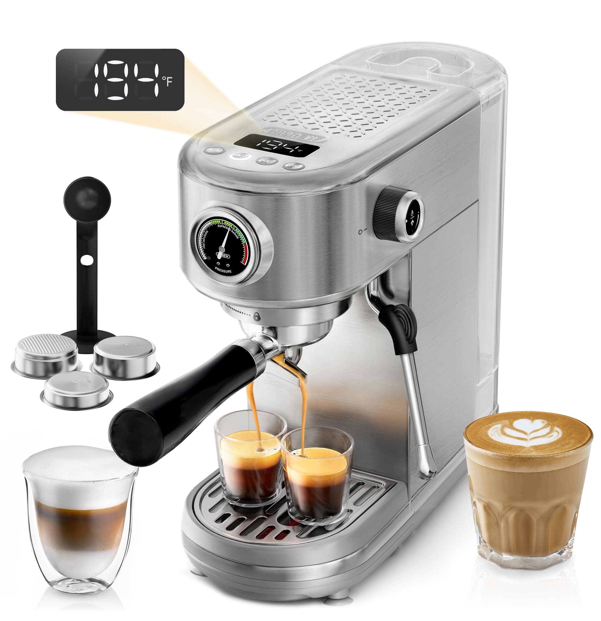 Espresso Machine 20 Bar, Semi-Automatic Cappuccino Maker with Milk Frother for Latte Art, Adjustable Temperature & Water Volume, with Display, Pressure Gauge & Stainless Steel Body