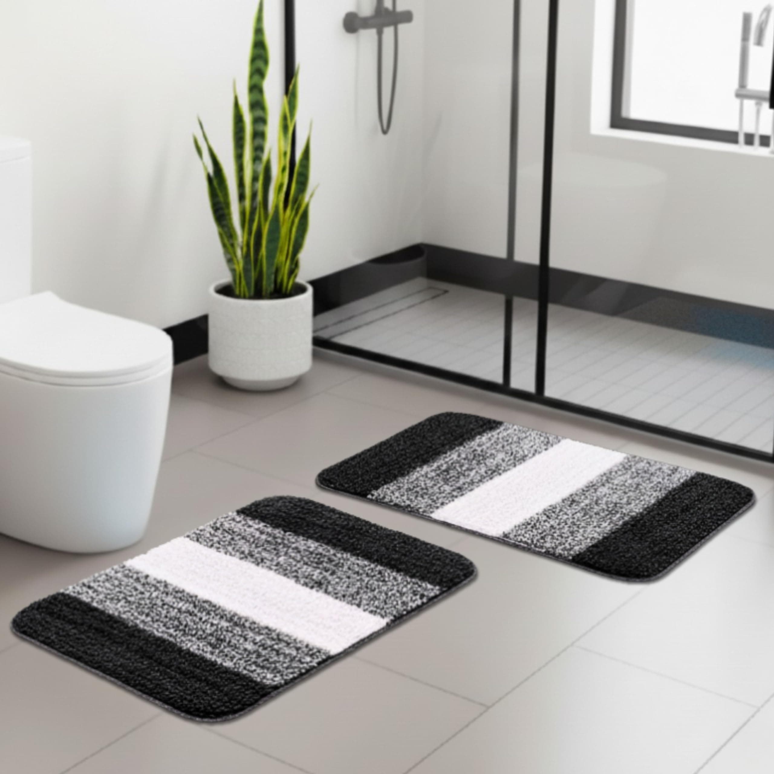 Saral Home Microfiber Striped Rectangle Shaped Anti-Skid Bath Mats | Soft & Super Absorbent Mats For Shower | Washable Non-Slip & Quick-Drying Mats 35X50 Cm | Pack Of 2 (Black)