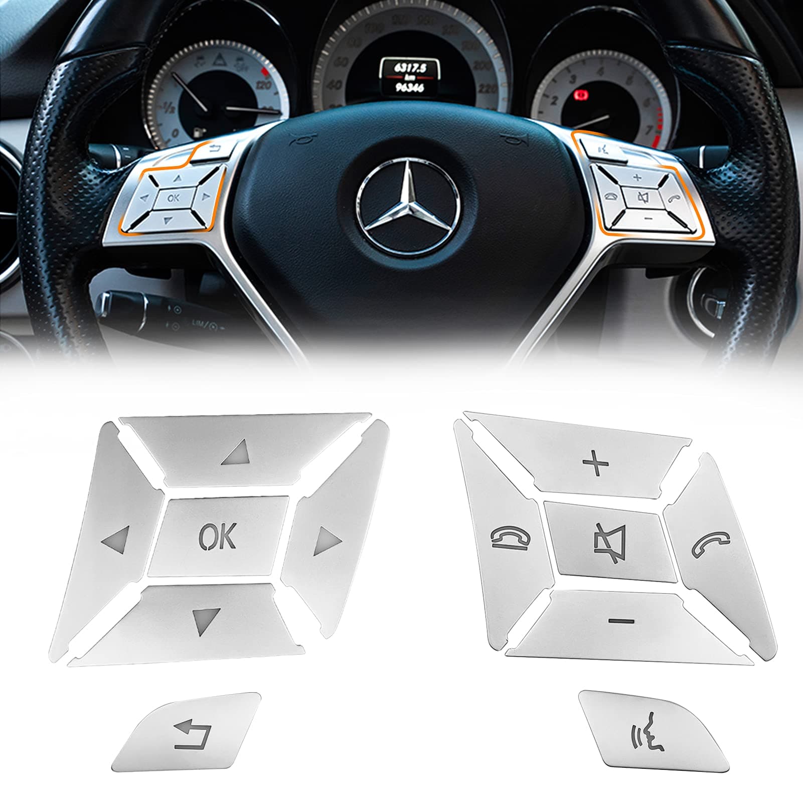 Steering Wheel Button Sticker Compatible with Mercedes A B C E M G SL GL GLA CLA GLK SLK GLS Class,Steering Wheel Button Decoration Trim Cover Sticker Inner Accessories(12PCS,Chrome-Square)