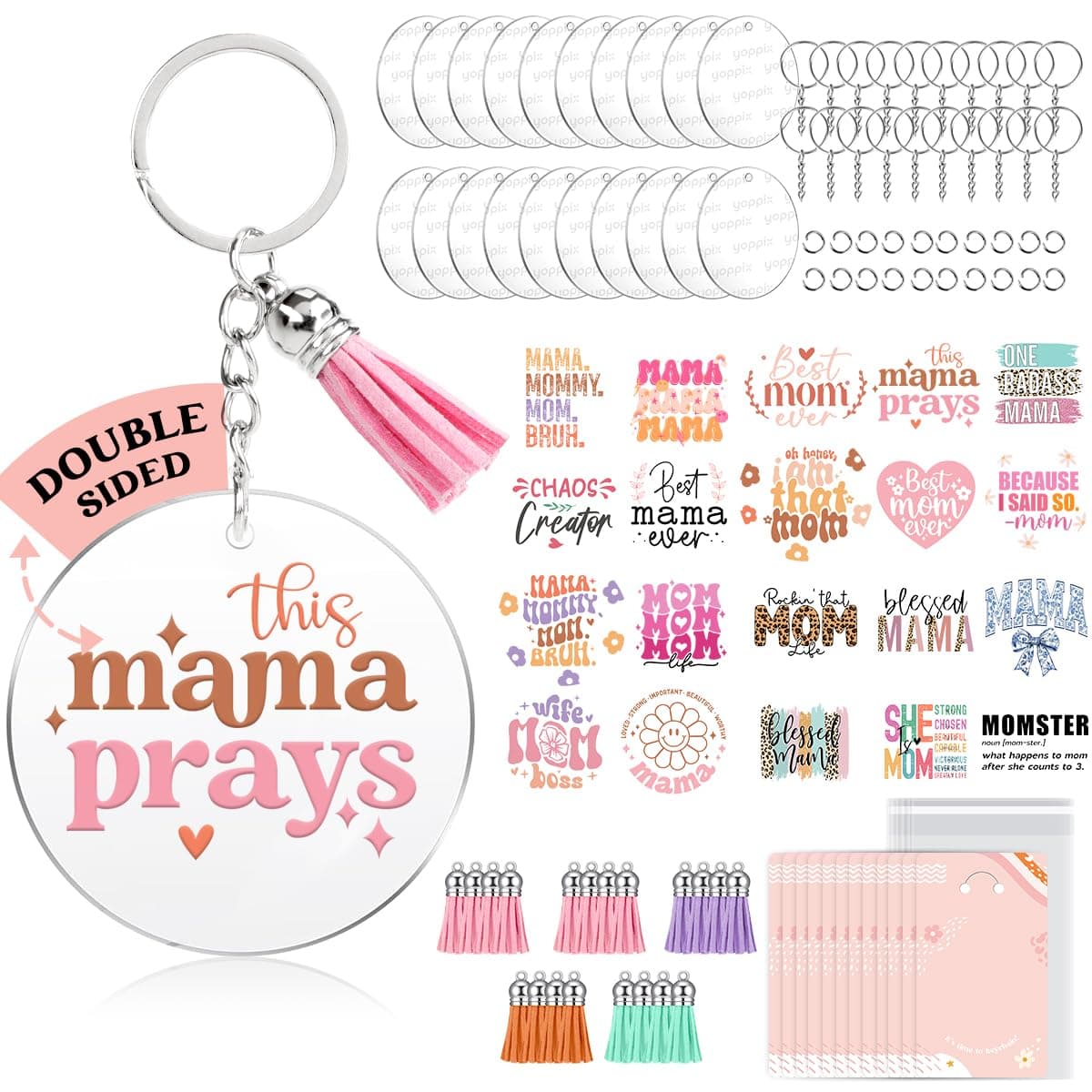 YOPPIX 140 PCS Acrylic Keychain Blank Set, Mama Double-Sided UV DTF Stickers Acrylic Keychain Making Kits for Vinyl DIY Craft Project