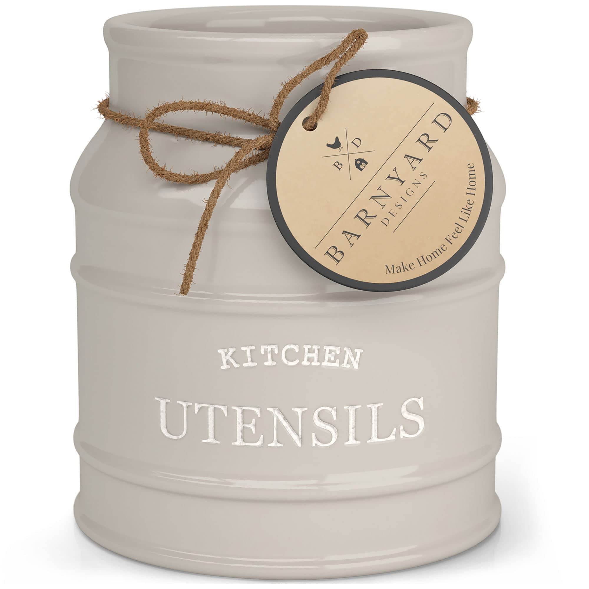 Barnyard Designs Ceramic Utensil Crock Holder for Kitchen Counter, Rustic Farmhouse Countertop Decor, French Country Organizer for Cooking Utensils, Spatulas and Mixing Spoons, Taupe, 6†x 6.75"