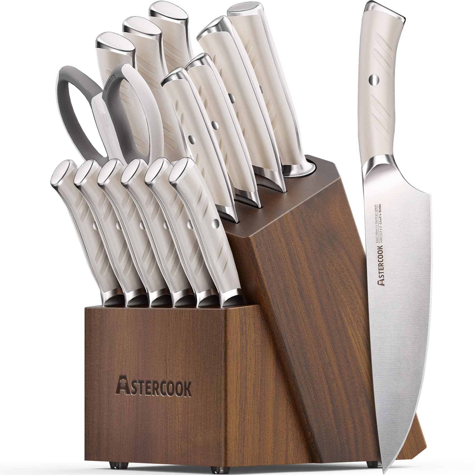 Knife Set, Astercook Kitchen Knife Set with Block, 15 Pcs Luxurious High Carbon German Stainless Steel Knives Set with Full Tang Ergonomic Handle, Dishwasher Safe Knife Block Set with Sharpening Rod