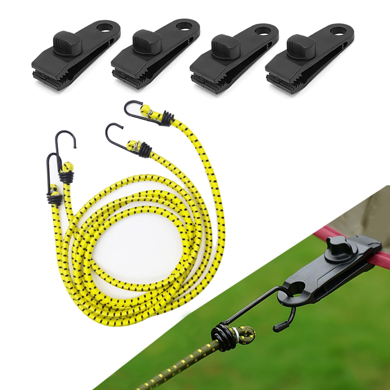 Gust Straps Car Cover Wind Protector 6 PCS,61 in Elastic Cord Protect Car Cover from Blowing Off in High Winds,Wear-Resistant Tensile Strap with Windproof Clip, Universal for Cars (Yellow)