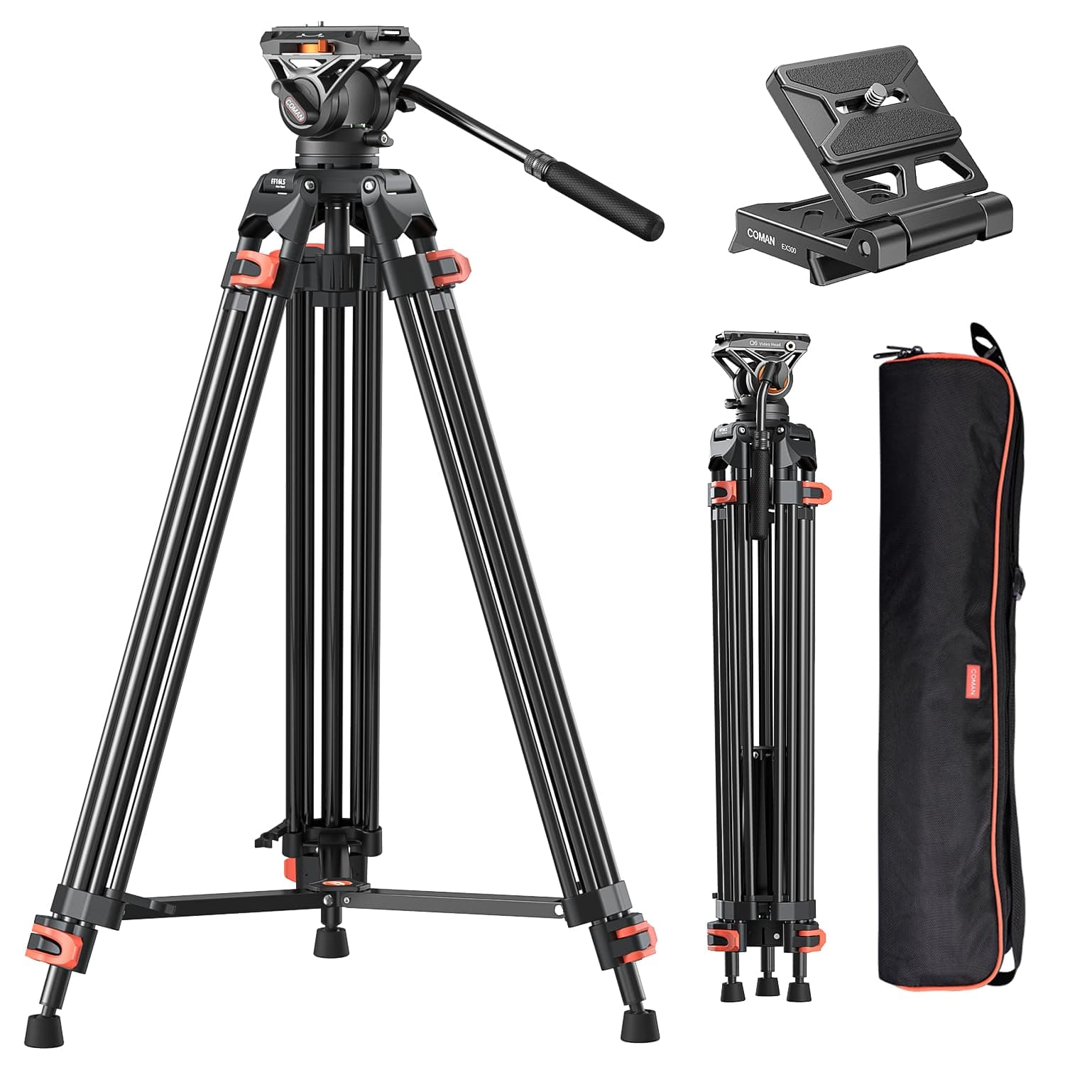 COMAN 74" Camera Tripod, Heavy Duty Video Tripod for Camera with Fluid Head and Aluminium Alloy Max Load 22.04 lbs/ 10KG for Canon Nikon DSLR Camcorder, FF16LS