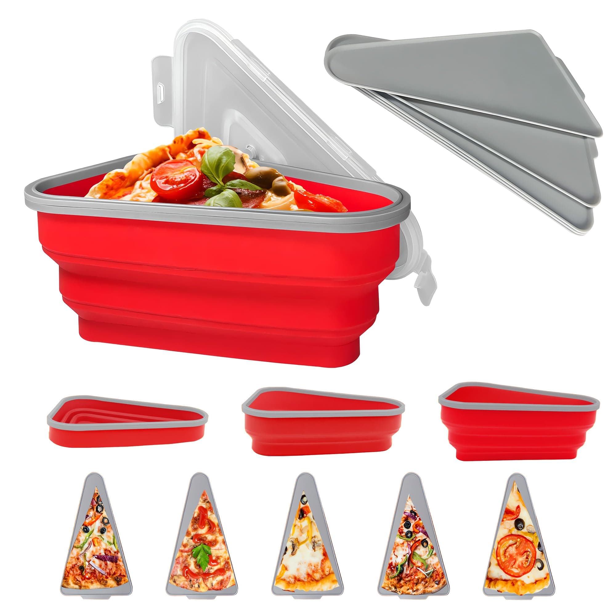 Celerity Pizza Storage Container with 5 Microwavable Serving Trays, Pizza Box BPA-Free Collapsible Pizza Slice Container, Reusable Pizza Pan Pizza Box Set with Lids to Save Space, Red