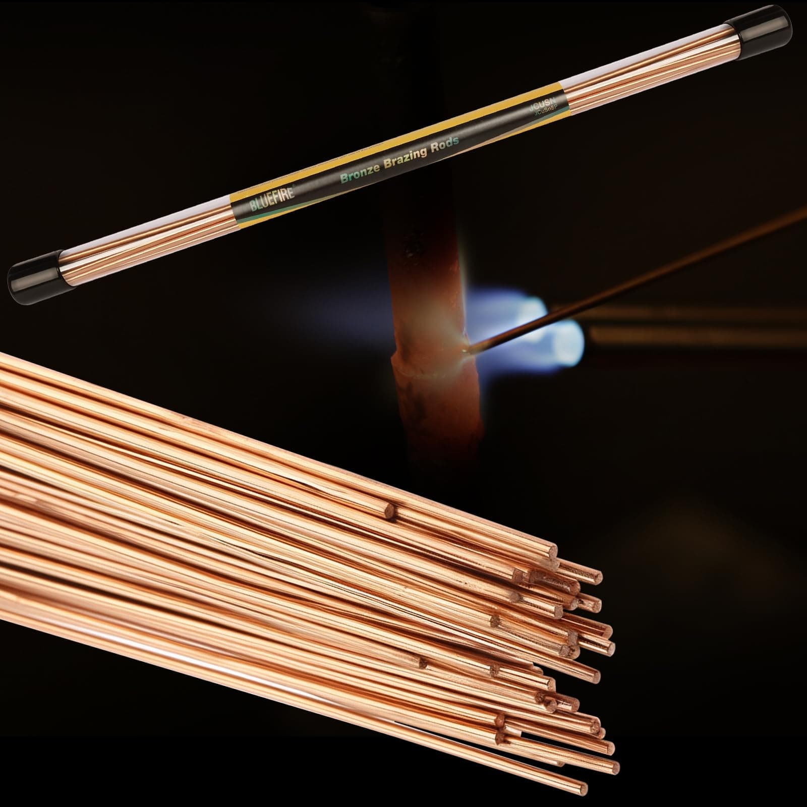 BLUEFIRE 1/2 lb 9pcs Bare Bronze Brazing Rods Low Fume Copper Brazing Alloys Diameter 1/8” Length 14” Solid LFB Sticks for TIG MAPP Propane Torch Gas Welding Brass Carbon Steel Cast Iron Nickel Alloy
