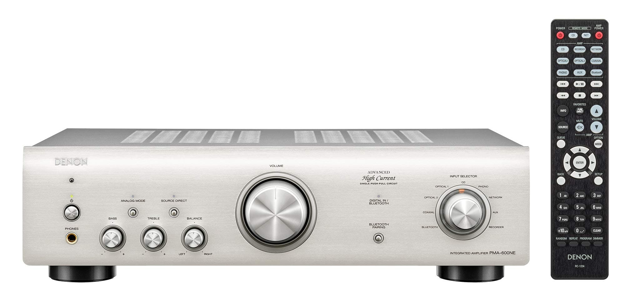 PMA600NE HiFi Amplifier, Power Amplifier with Bluetooth, Phono Equalizer, 1x Coaxial & 2x Optical Inputs, Subwoofer Output, Analog Mode, Music Streaming - Silver