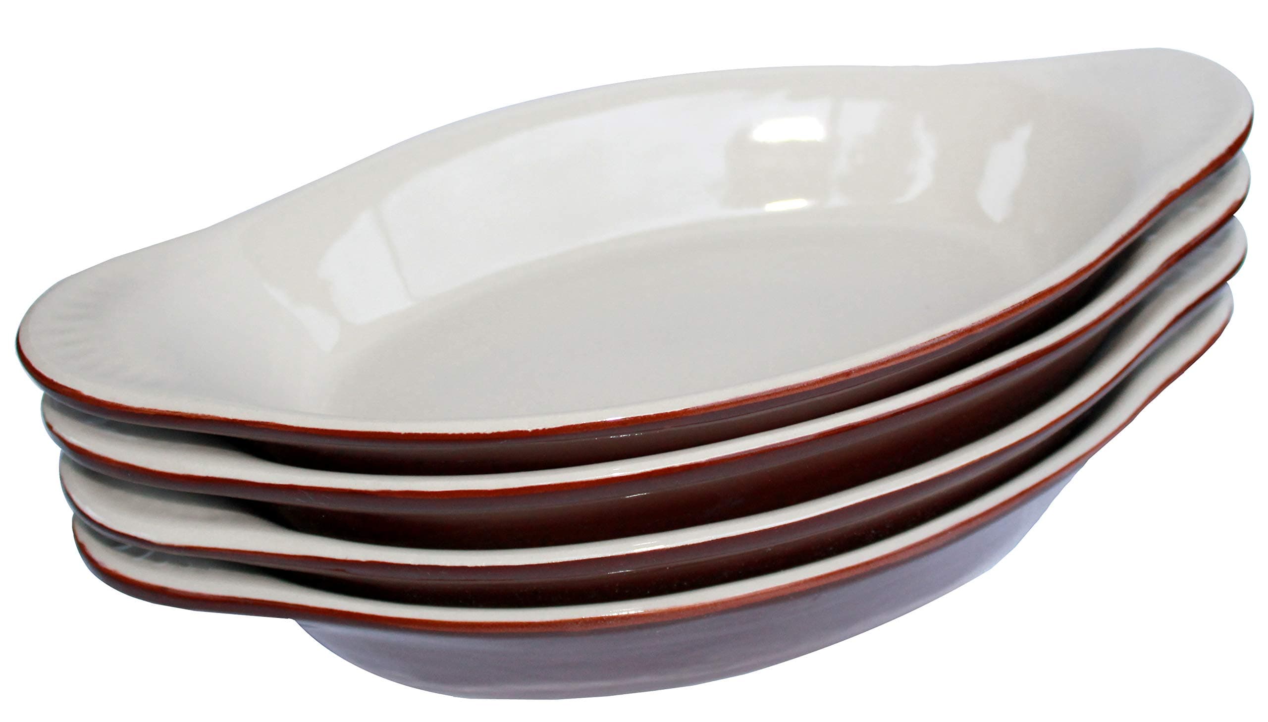 MinWill Brands Ceramic Oval Welsh Au Gratin/Rarebit Baking Dish with Pan Scraper (4-Pack, 15 Ounce, Brown & Bone White)