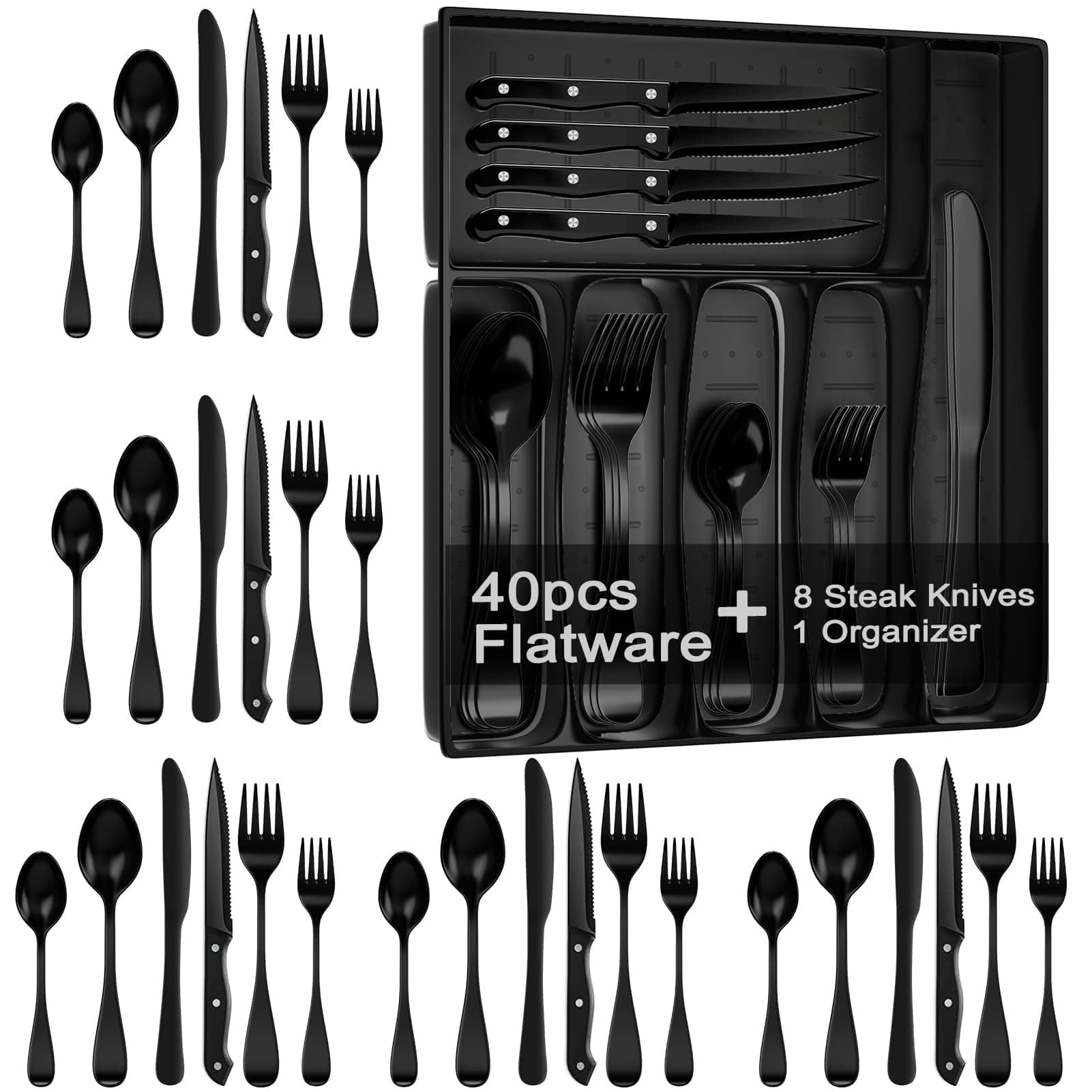 49 Pieces Black Silverware Set with Steak Knives, Stainless Steel Silverware with Organizer Flatware Utensils Set for 8, Forks and Spoons Silverware Set Cutlery Set