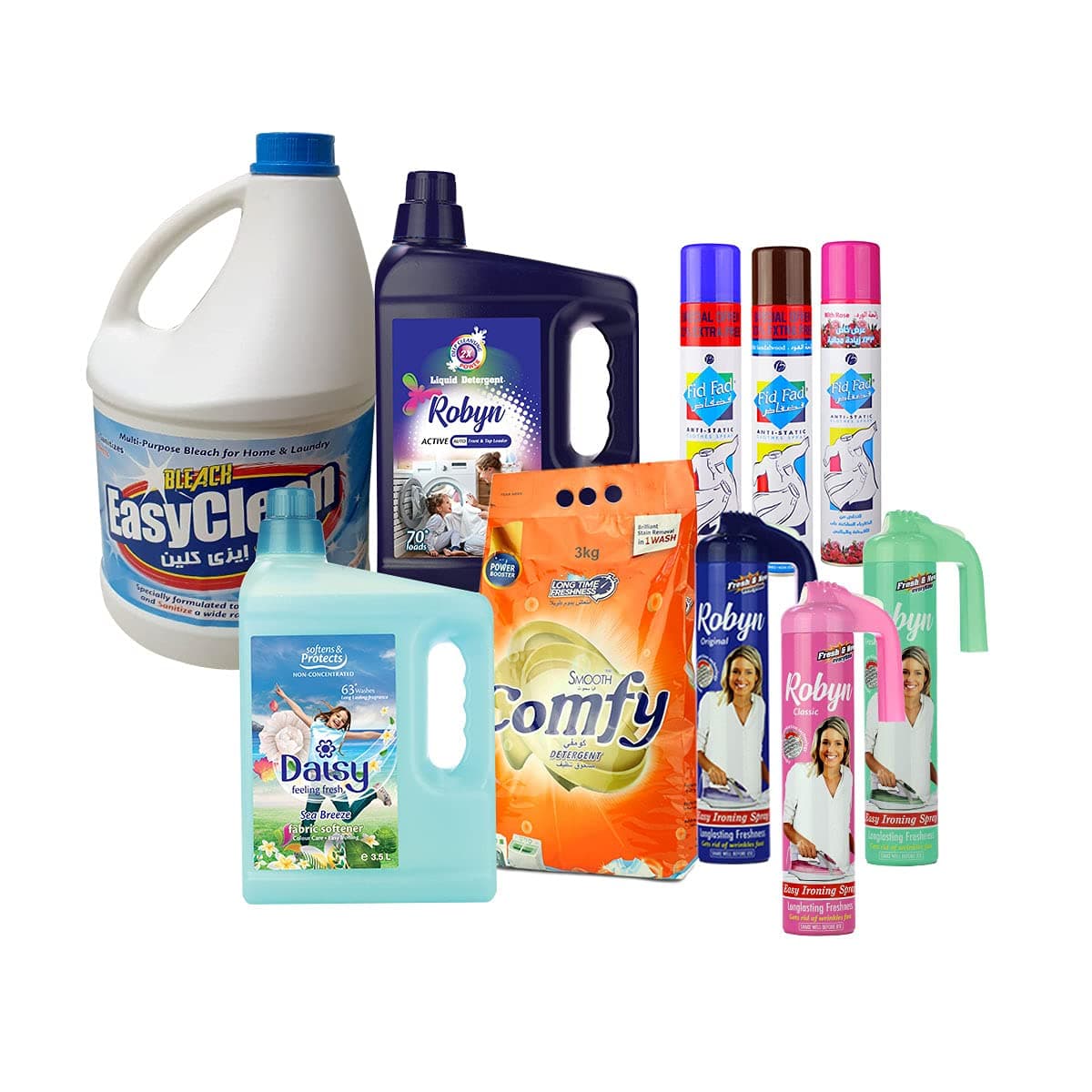 Home Essentials - Jumbo Combo Laundry Kit - Comfy Detergent 3Kg + Robyn 3.5L + Daisy Fabric Softener 3.5L + Robyn Ironing Spray + Fid Fad Anti Static Spray Assorted 3 Pieces + EasyClean Bleach 3.7L