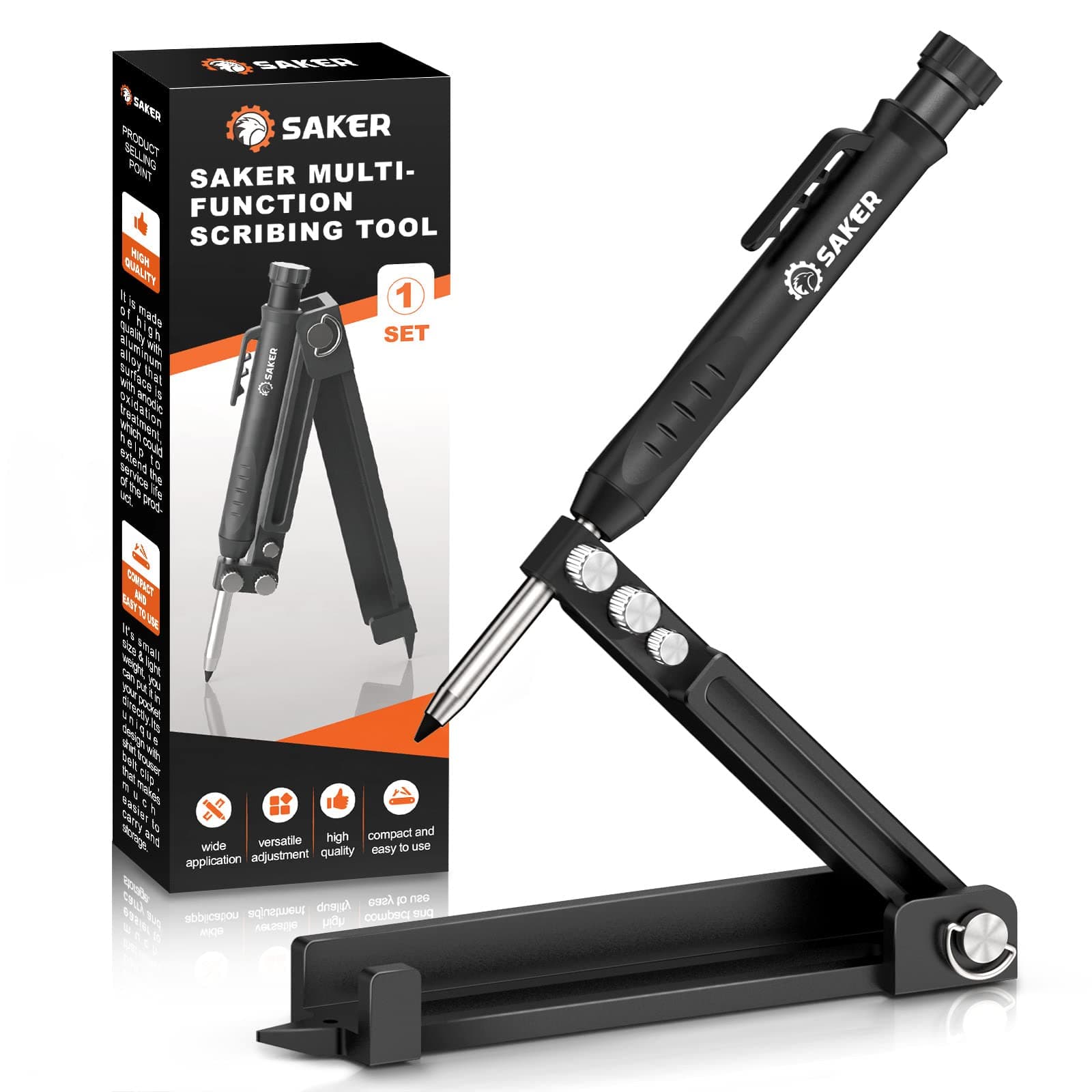 Saker Multi-function Scribing Tool- Construction Pencil- Aluminum Alloy Scribe Tool with Deep Hole Pencil,DIY Woodworking Scribe Gauge Scriber Line Maker Measuring Tool,Gifts For Men(5.5Inch BLACK)